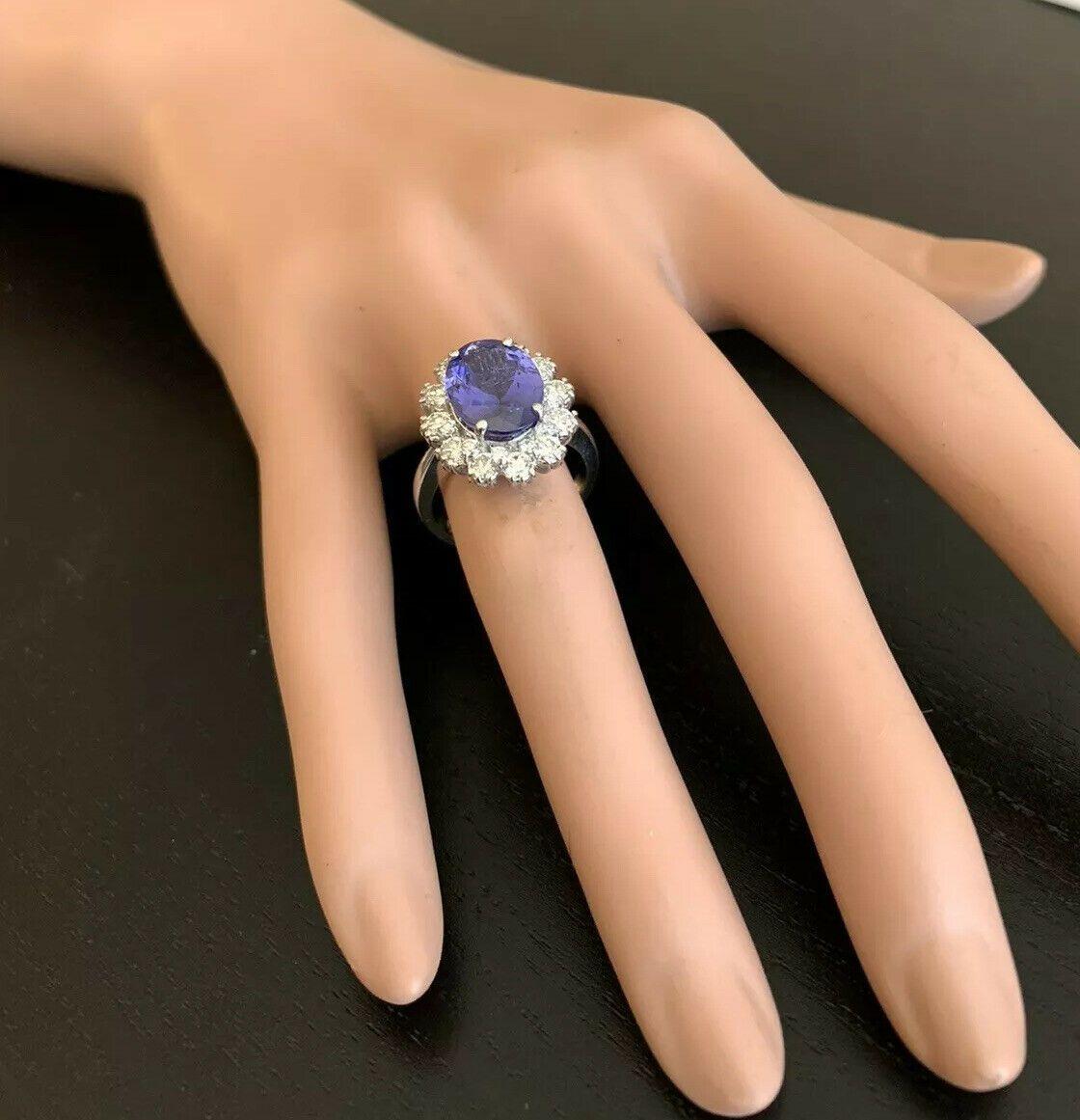 6.30 Carat Natural Very Nice Looking Tanzanite and Diamond 14K Solid White Gold For Sale 1