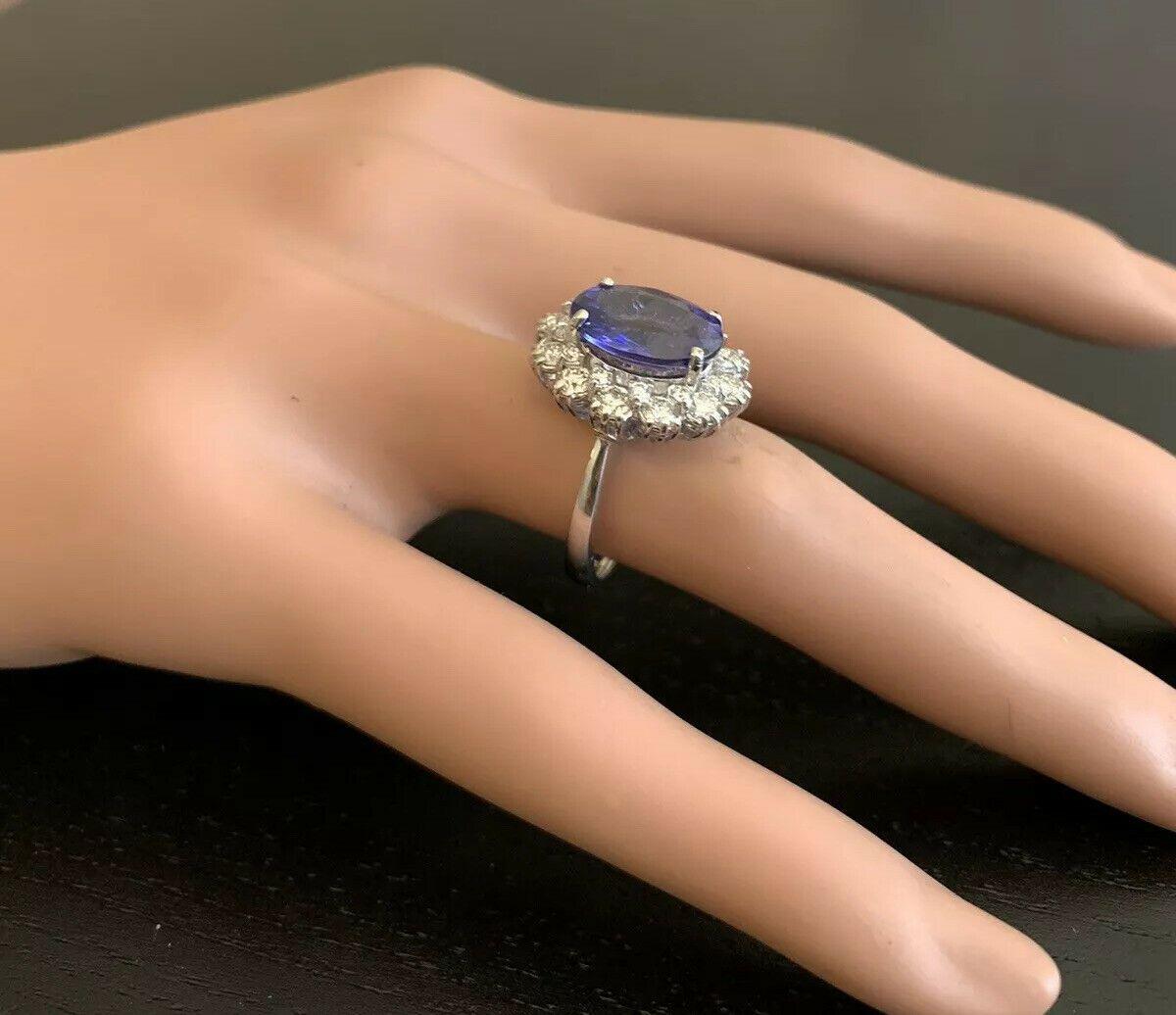 6.30 Carat Natural Very Nice Looking Tanzanite and Diamond 14K Solid White Gold For Sale 2