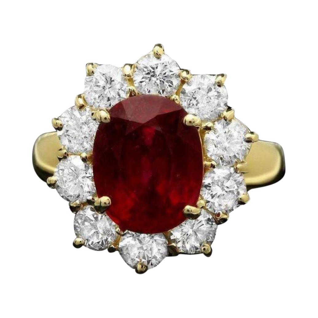 6.30 Carats Red Ruby and Natural Diamond 14k Solid Yellow Gold Ring For Sale