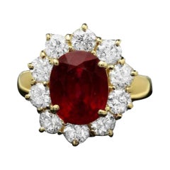 6.30 Carats Red Ruby and Natural Diamond 14k Solid Yellow Gold Ring