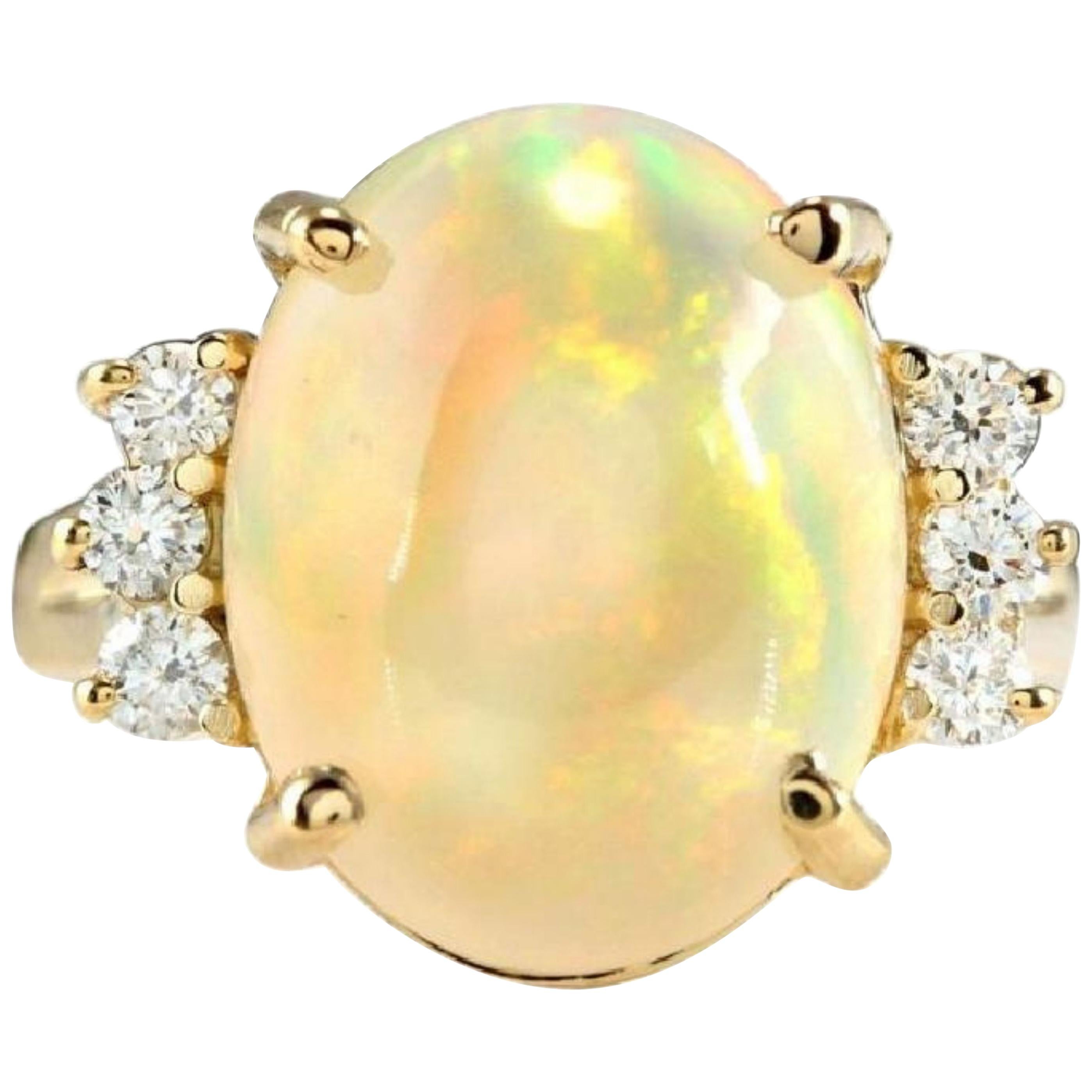 6.30 Ct Natural Impressive Ethiopian Opal and Diamond 14K Solid Yellow Gold Ring For Sale