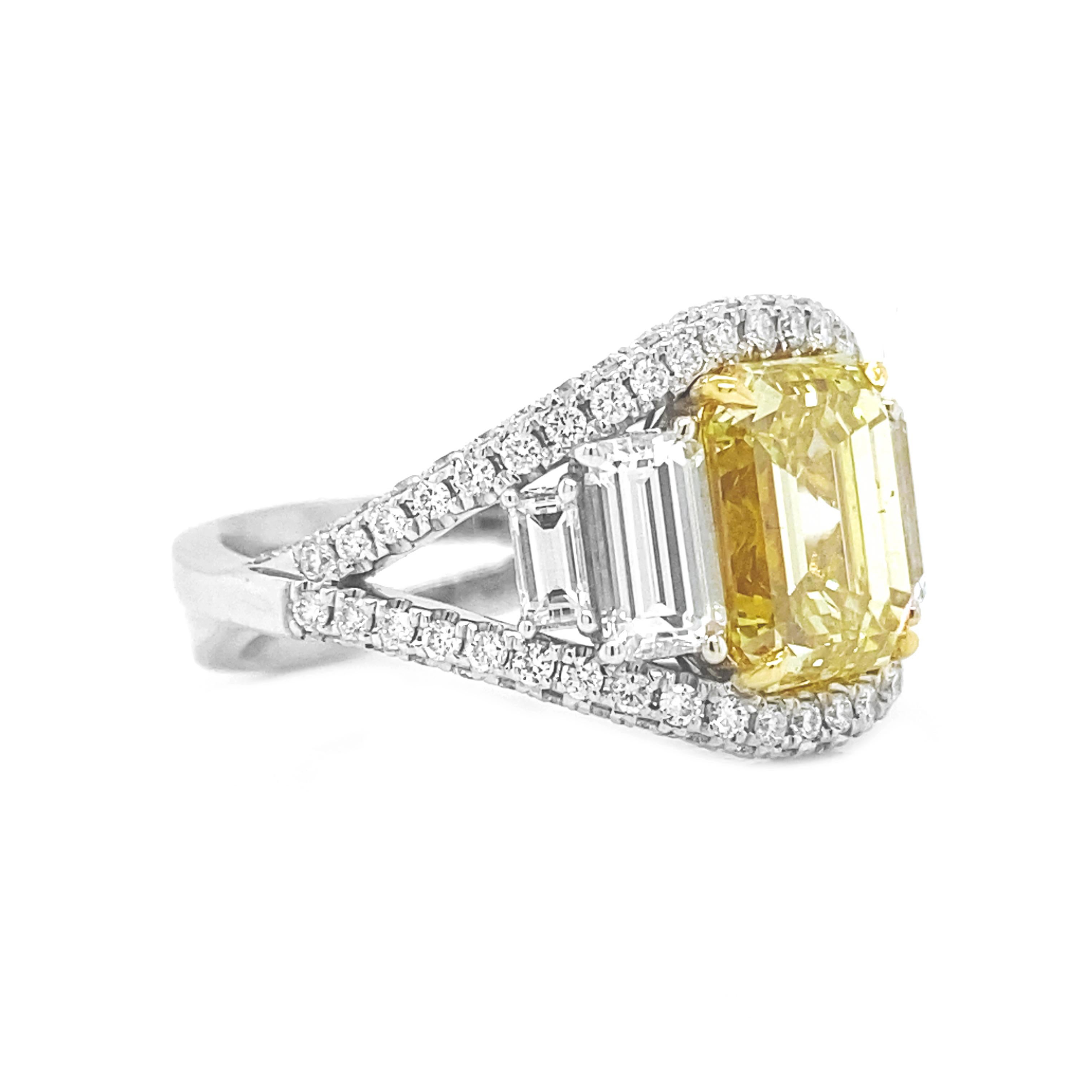 Art Deco 6.30 Ct T.W. Natural Fancy Yellow Emerald GIA Cert Diamond Cluster 18KT Ring For Sale