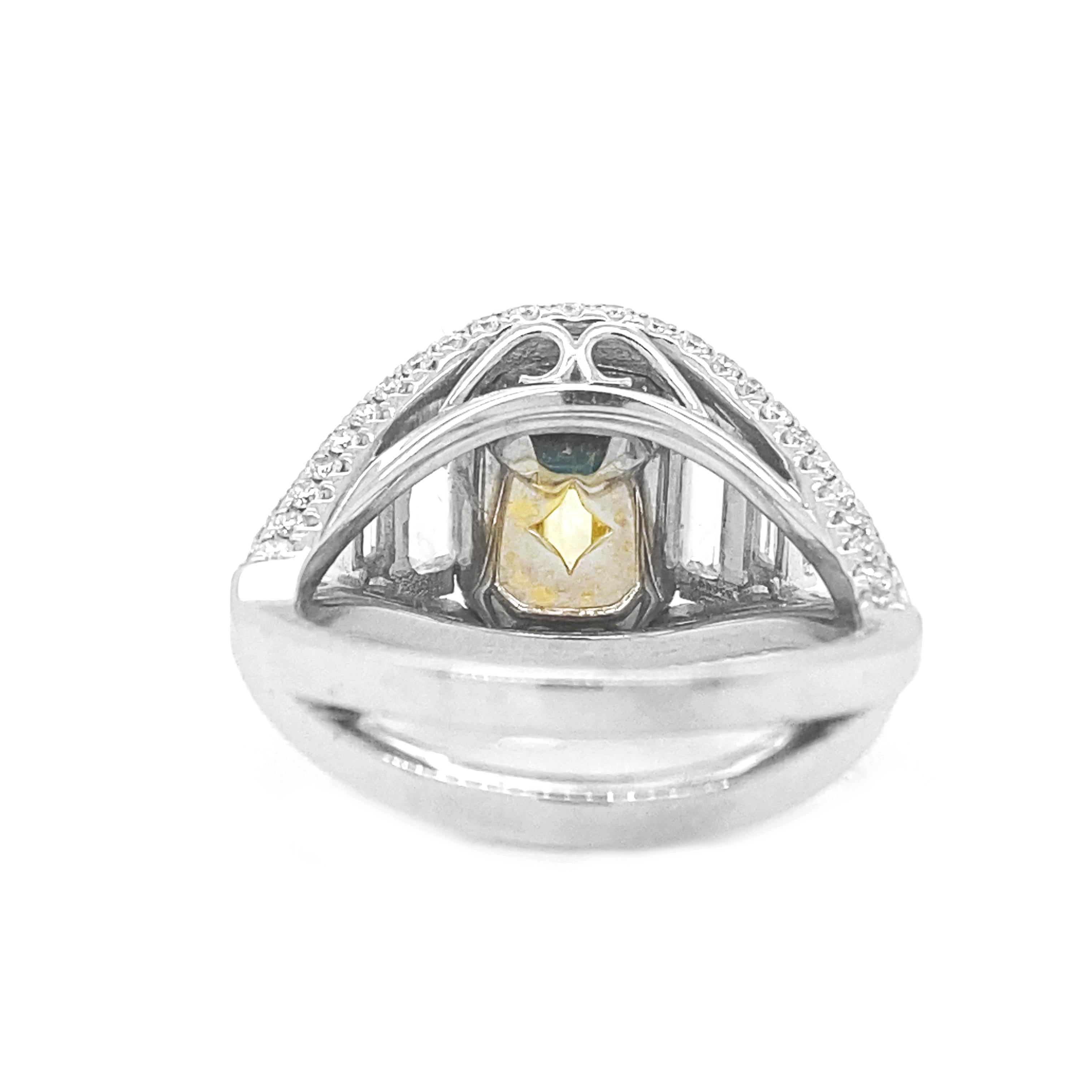 Emerald Cut 6.30 Ct T.W. Natural Fancy Yellow Emerald GIA Cert Diamond Cluster 18KT Ring For Sale