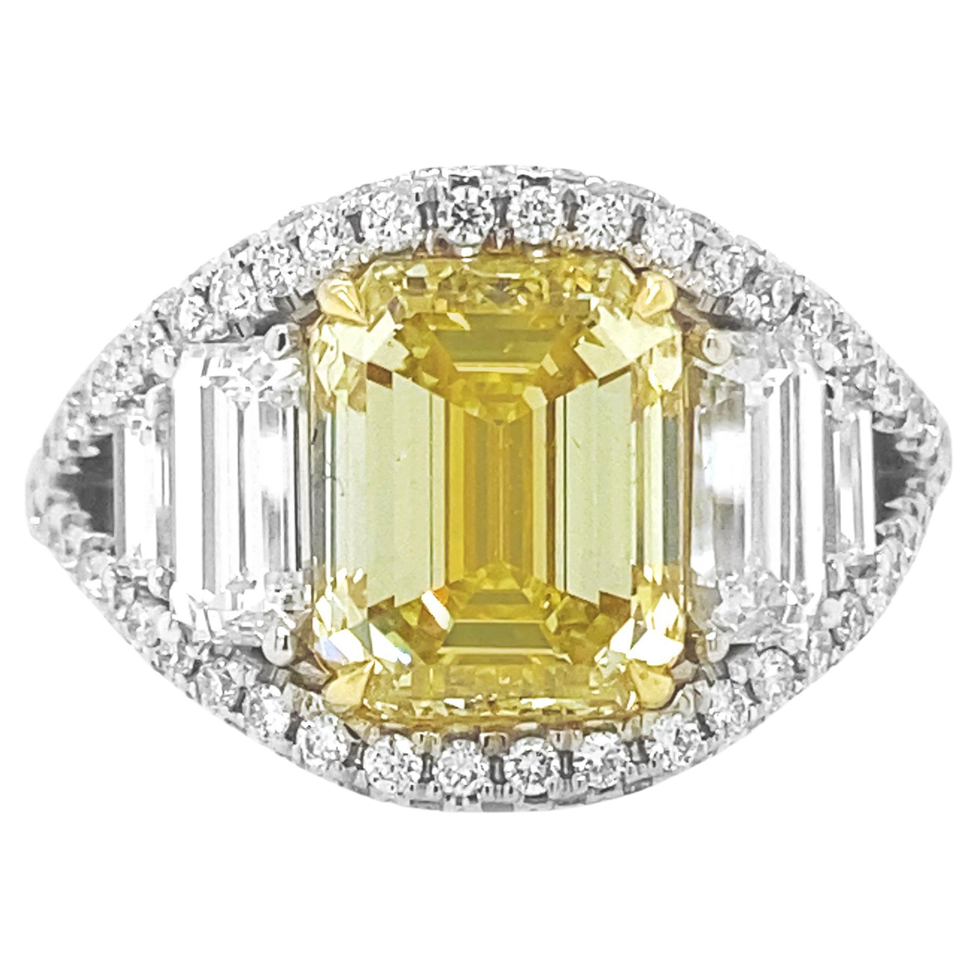 6.30 Ct T.W. Natural Fancy Yellow Emerald GIA Cert Diamond Cluster 18KT Ring For Sale