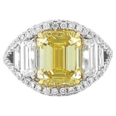 6.30 Ct T.W. Natural Fancy Yellow Emerald GIA Cert Diamond Cluster 18KT Ring