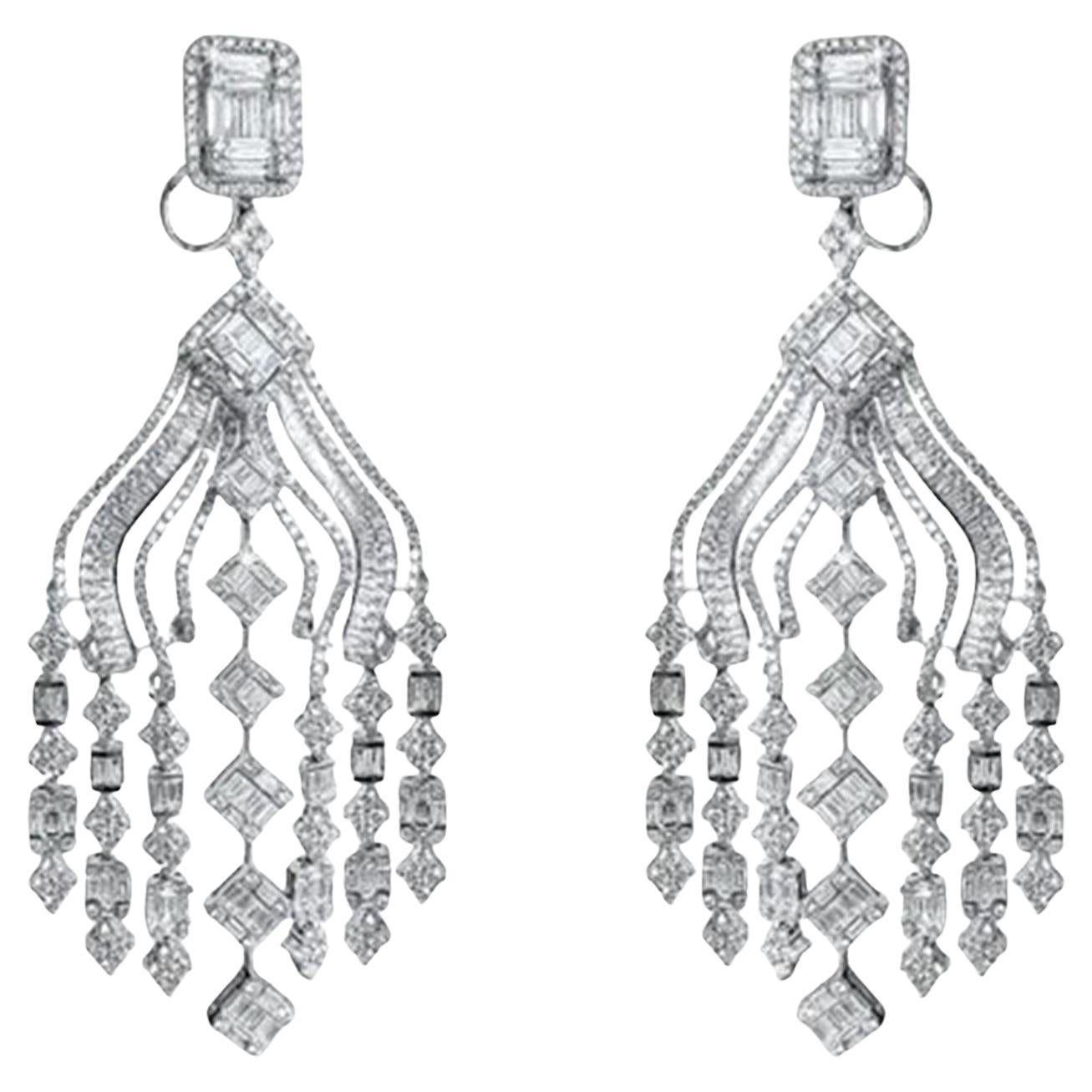 14.53ct Round & Baguette Diamond 18K White Gold Drop Earrings For Sale