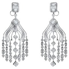 14.53ct Round & Baguette Diamond 18K White Gold Drop Earrings