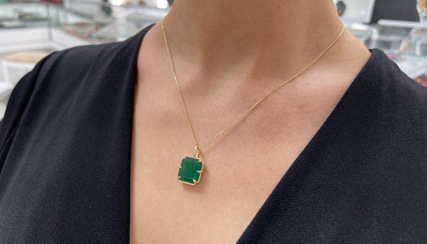 Emerald Cut 6.30ct 14K Emerald Georgian Styled Solitaire 6-Prong Emerald Pendant