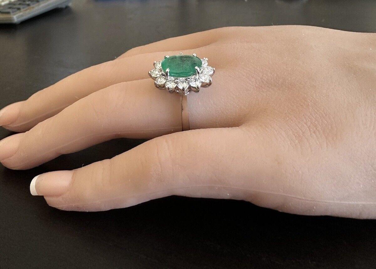 6.30Ct Natural Emerald & Diamond 14K Solid White Gold Ring For Sale 1