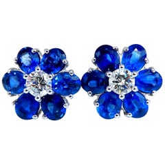 6.30 Carat Natural Sapphire Diamonds Cluster Round Halo Earrings 14 Karat Gold