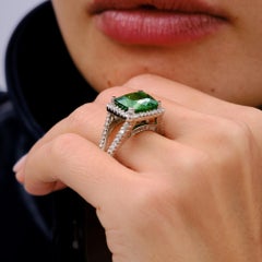 6.31 Carat Antique Cushion Cut Green Tourmaline and Diamond Halo East-West Ring