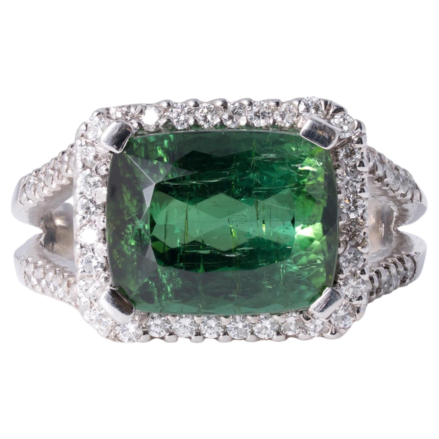 6.31 Carat Antique Cushion Cut Green Tourmaline and Diamond Halo East-West Ring