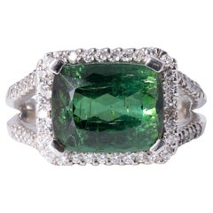 6.31 Carat Antique Cushion Cut Green Tourmaline and Diamond Halo East-West Ring