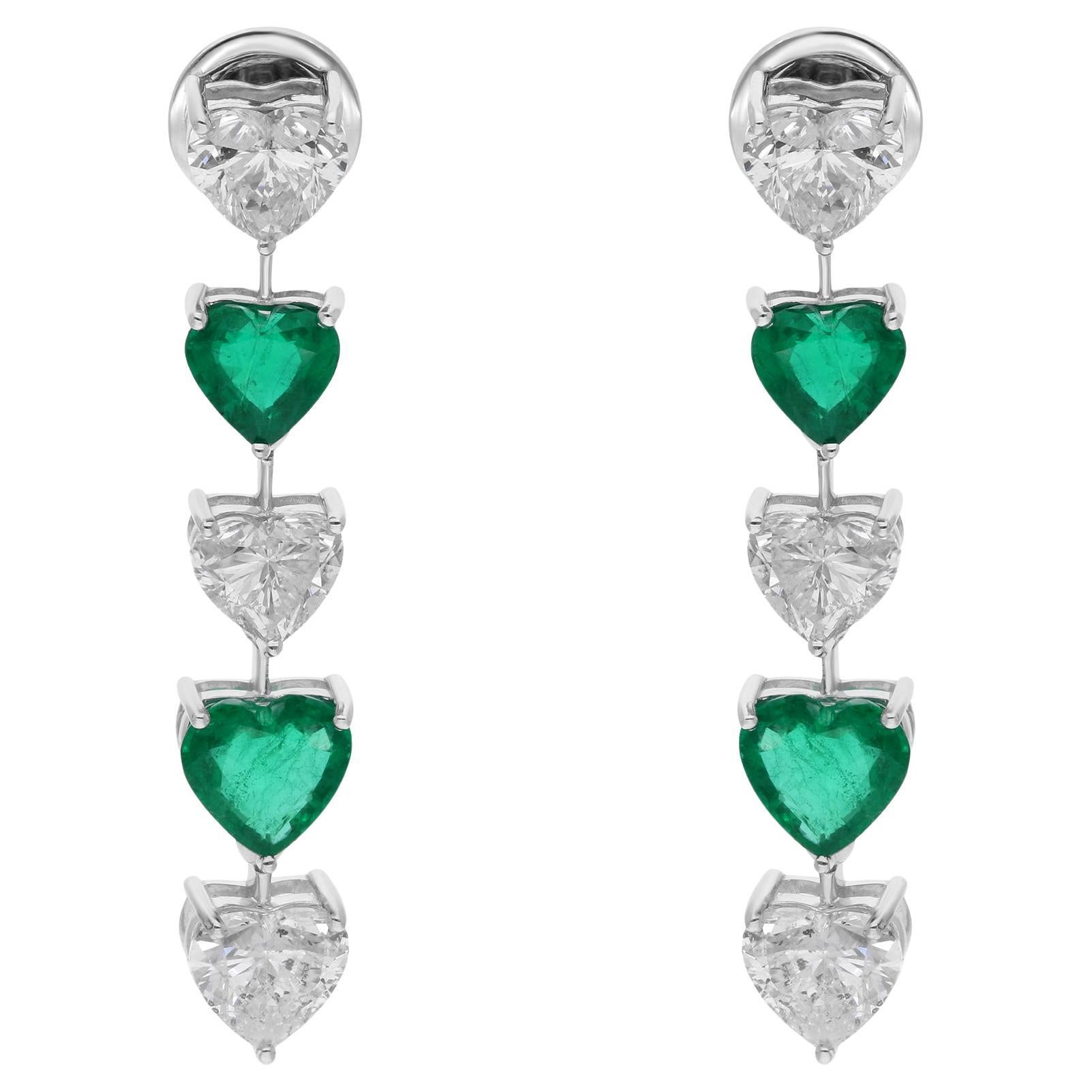 6.31 Carat Heart Emerald Diamond Dangle Drop Earrings 18K White Gold Jewelry