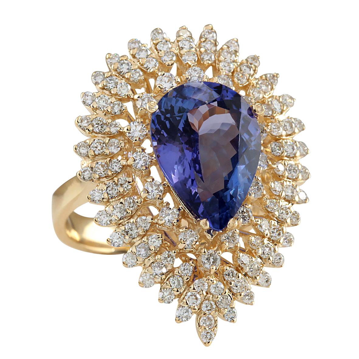 Introducing our exquisite 14K Yellow Gold Diamond Ring, adorned with a captivating 6.31 Carat Tanzanite gemstone. This ring is stamped with the assurance of 14K yellow gold, boasting a total weight of 9.2 grams for a luxurious feel.
The centerpiece