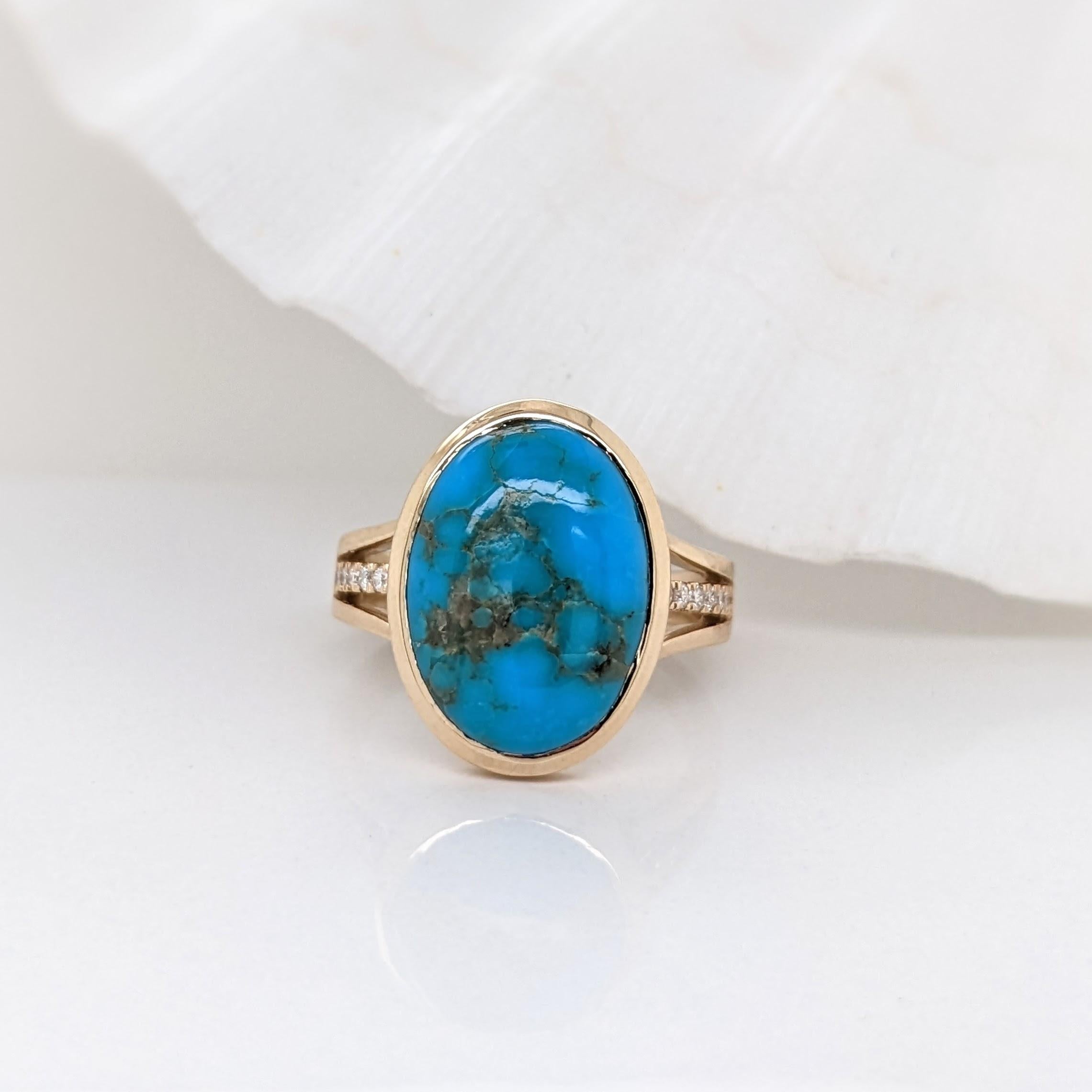 This 14k solid Gold ring features a beautiful 16x12mm Turquoise center stone with a Milgrain detail split shank. This unique piece is perfect for daily wear.

Specifications

Item Type: Ring
Center Stone: Turquoise
Treatment: Impregnated
Weight:
