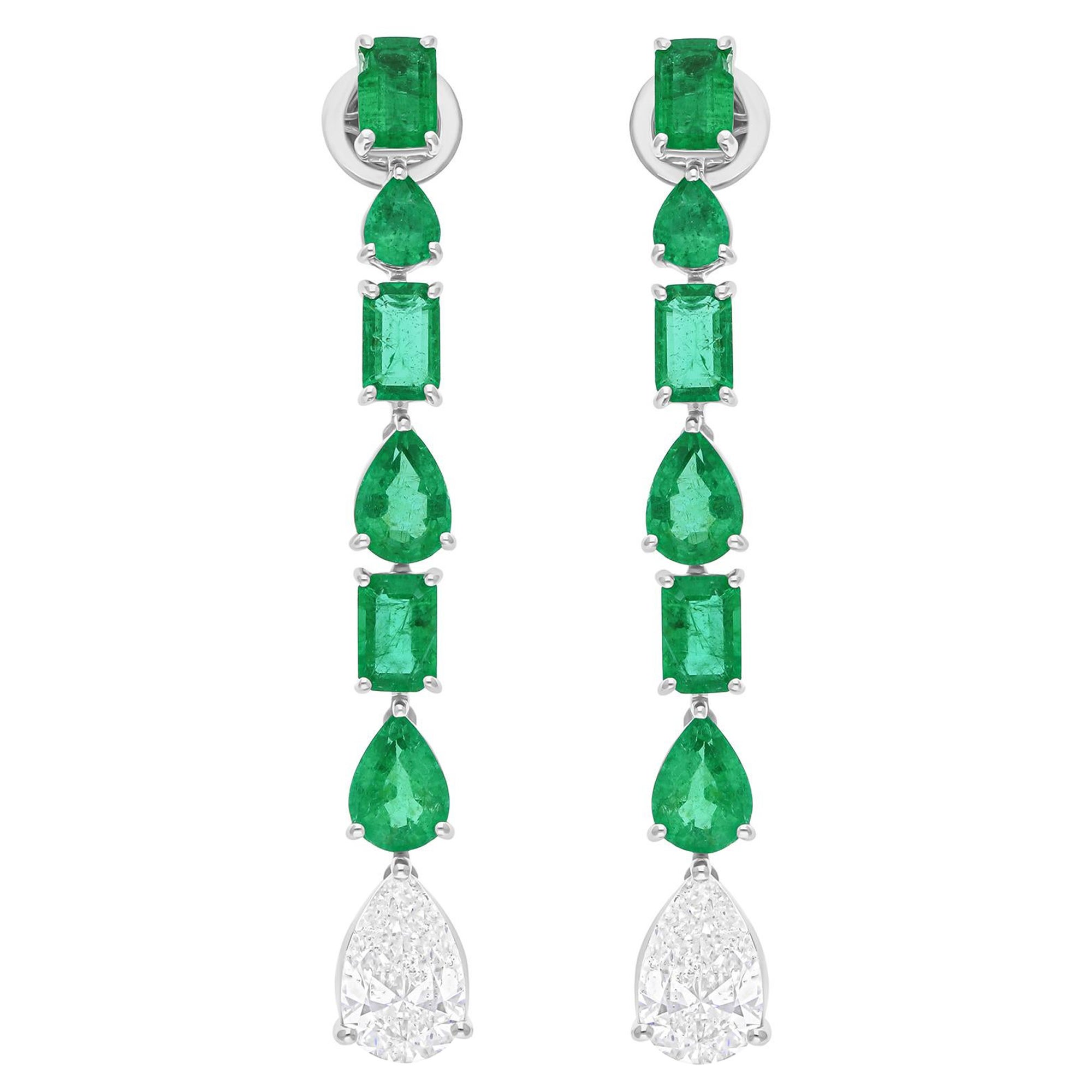 6.31Ct Zambian Emerald 3.04Ct Diamond Long Dangle Drop Earrings 18k White Gold