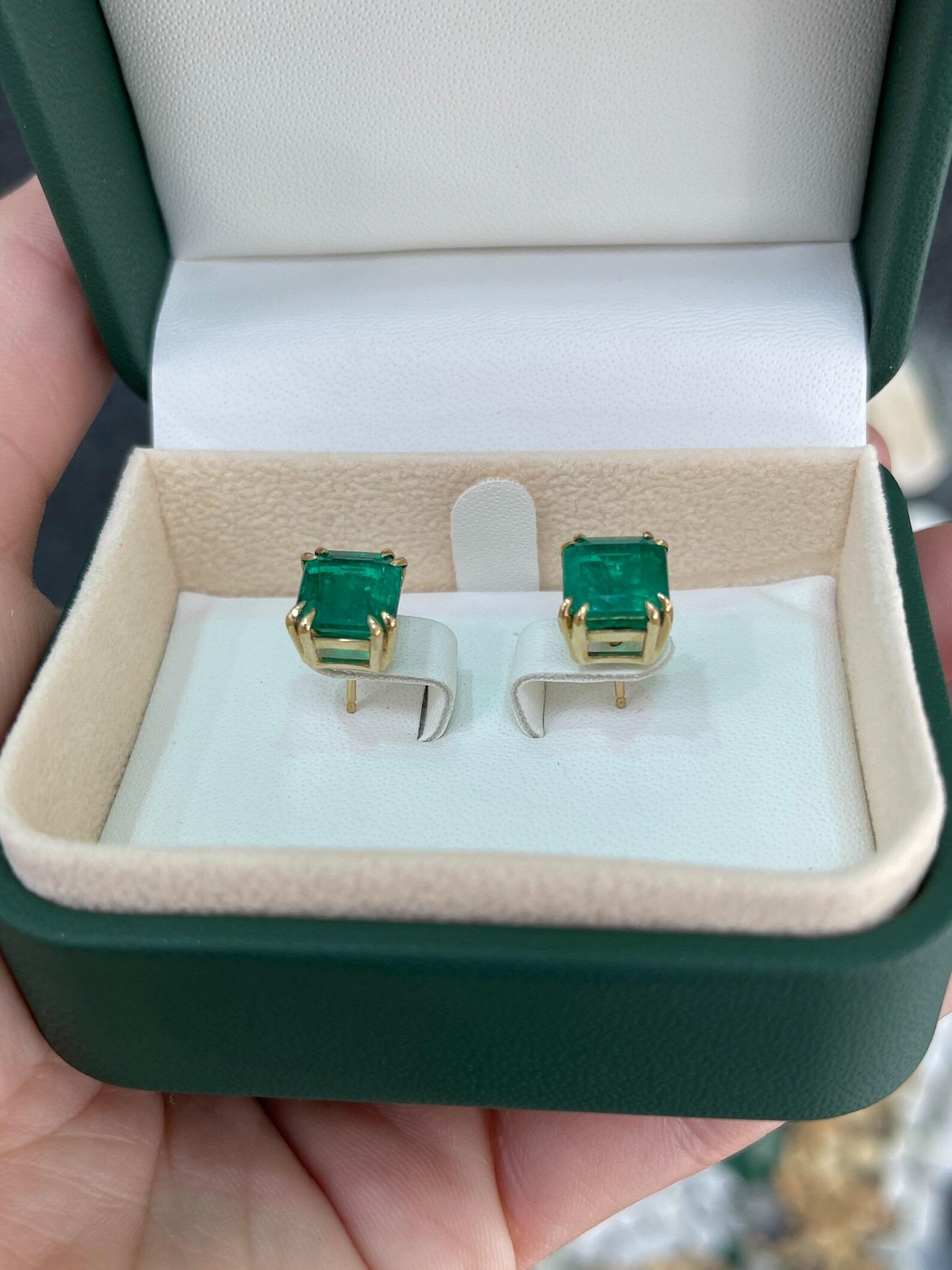 Emerald Cut 6.31tcw AAA Top Quality Colombian Emerald Double Prong Stud Earrings Gold 18K For Sale