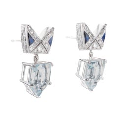 6.32 Carat Aqua Sapphire Diamond Platinum Art Deco Dangle Earrings