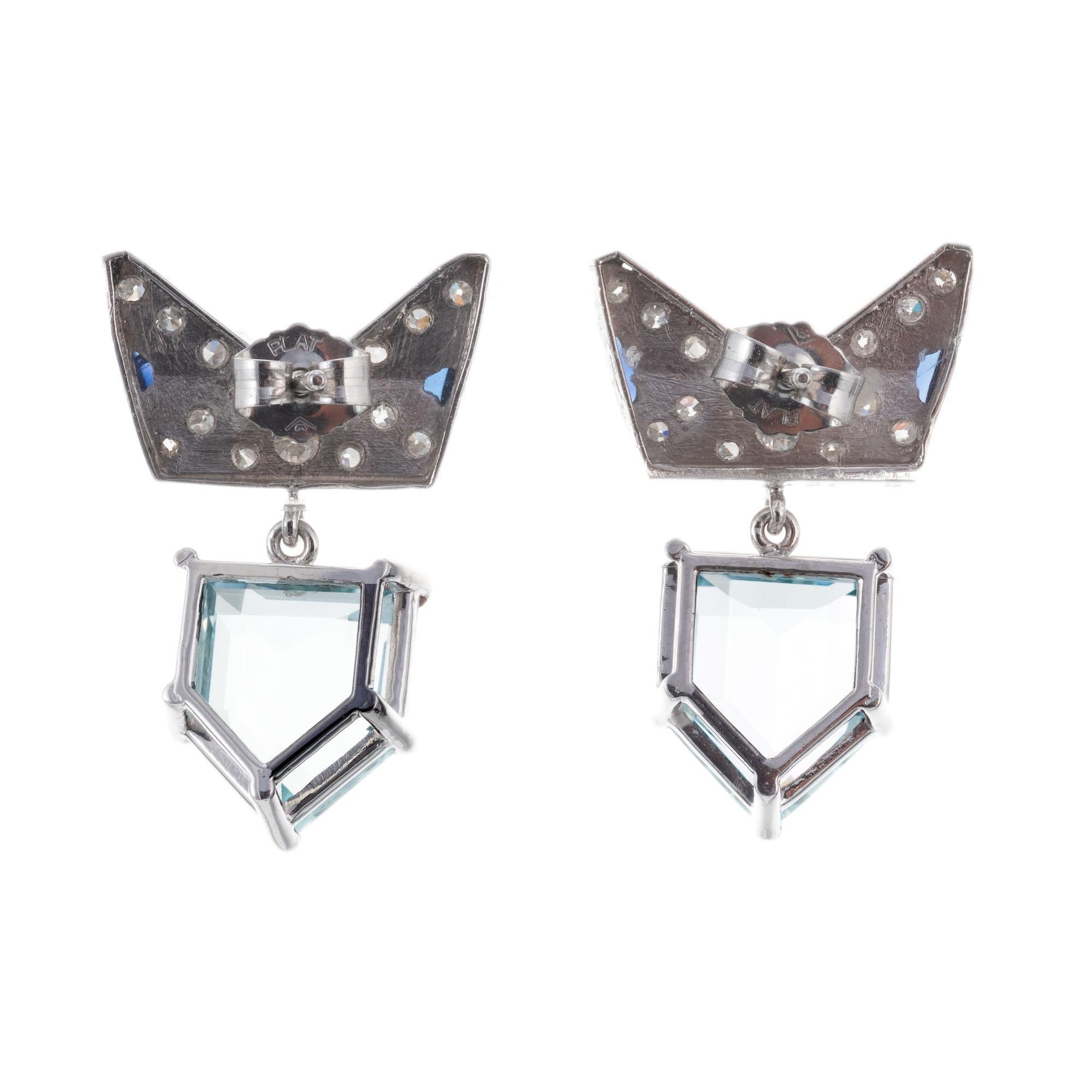 Shield Cut 6.32 Carat Aqua Sapphire Diamond Platinum Art Deco Dangle Earrings For Sale