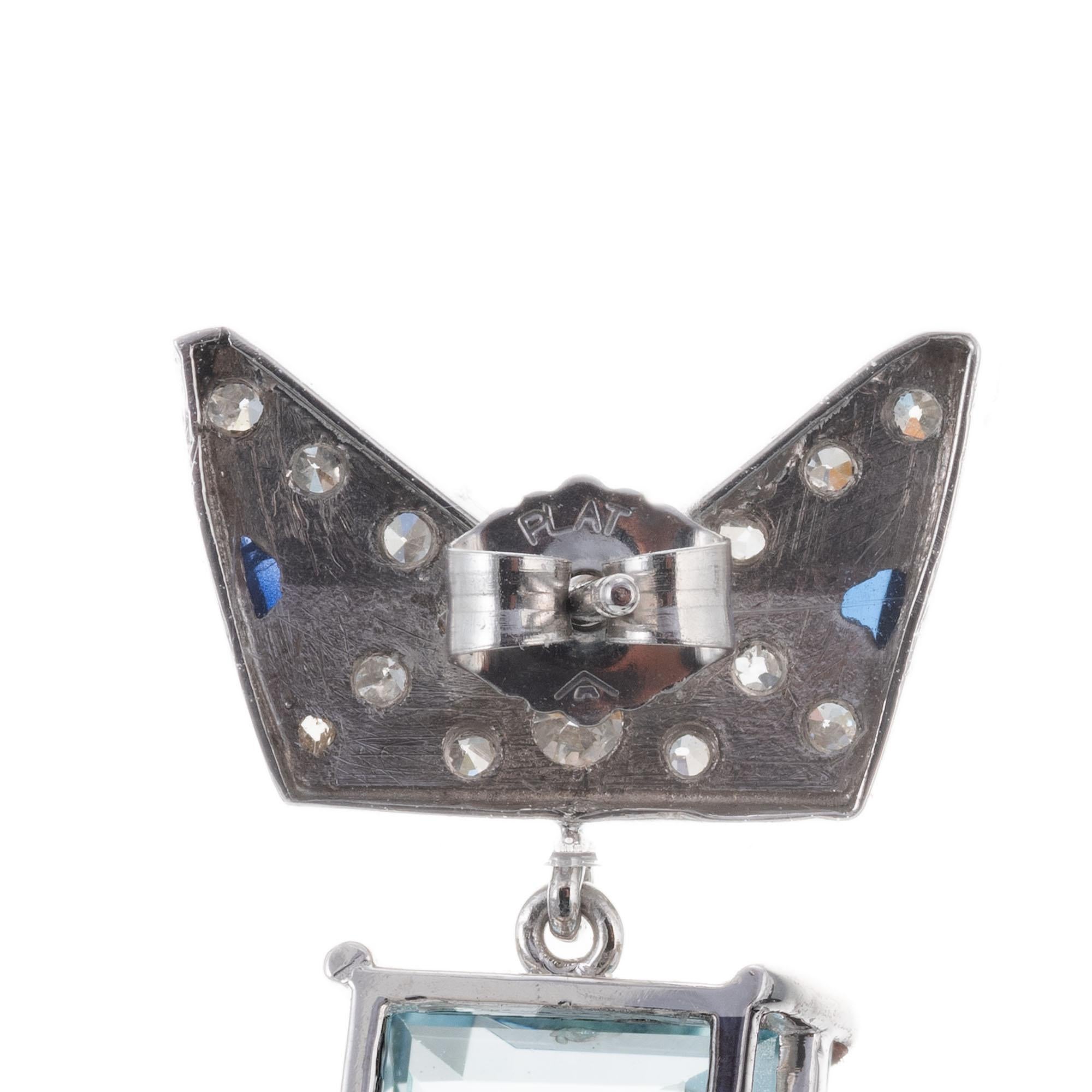 6.32 Carat Aqua Sapphire Diamond Platinum Art Deco Dangle Earrings In Good Condition For Sale In Stamford, CT