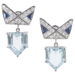 6.32 Carat Aqua Sapphire Diamond Platinum Art Deco Dangle Earrings