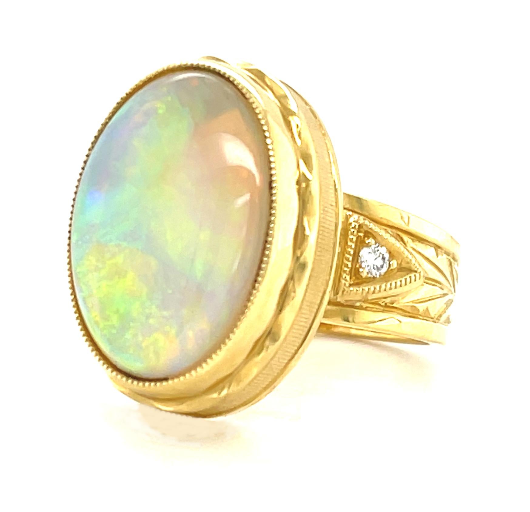 Oval Cut Australian Opal and Diamond Engraved Band Ring in 18k Yellow Gold, 6.32 Carats For Sale