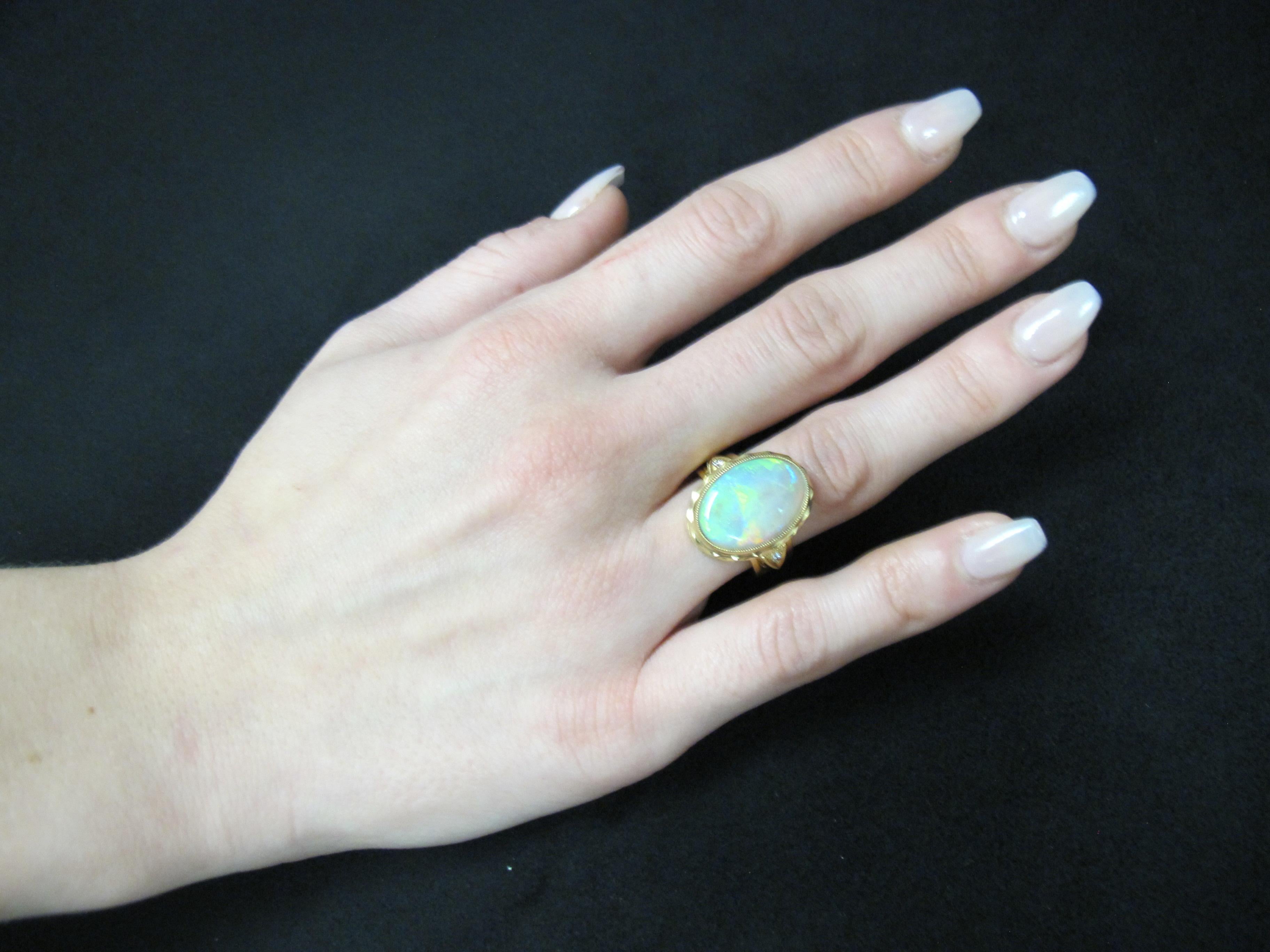 Australian Opal and Diamond Engraved Band Ring in 18k Yellow Gold, 6.32 Carats In New Condition For Sale In Los Angeles, CA