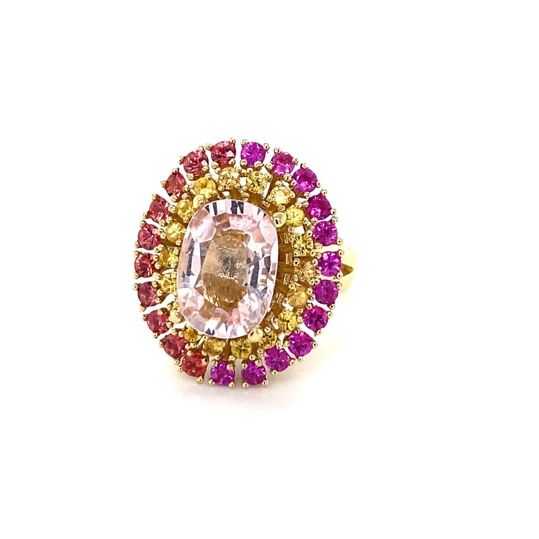 Contemporary 6.32 Carat Natural Pink Morganite Sapphire Yellow Gold Cocktail Ring For Sale
