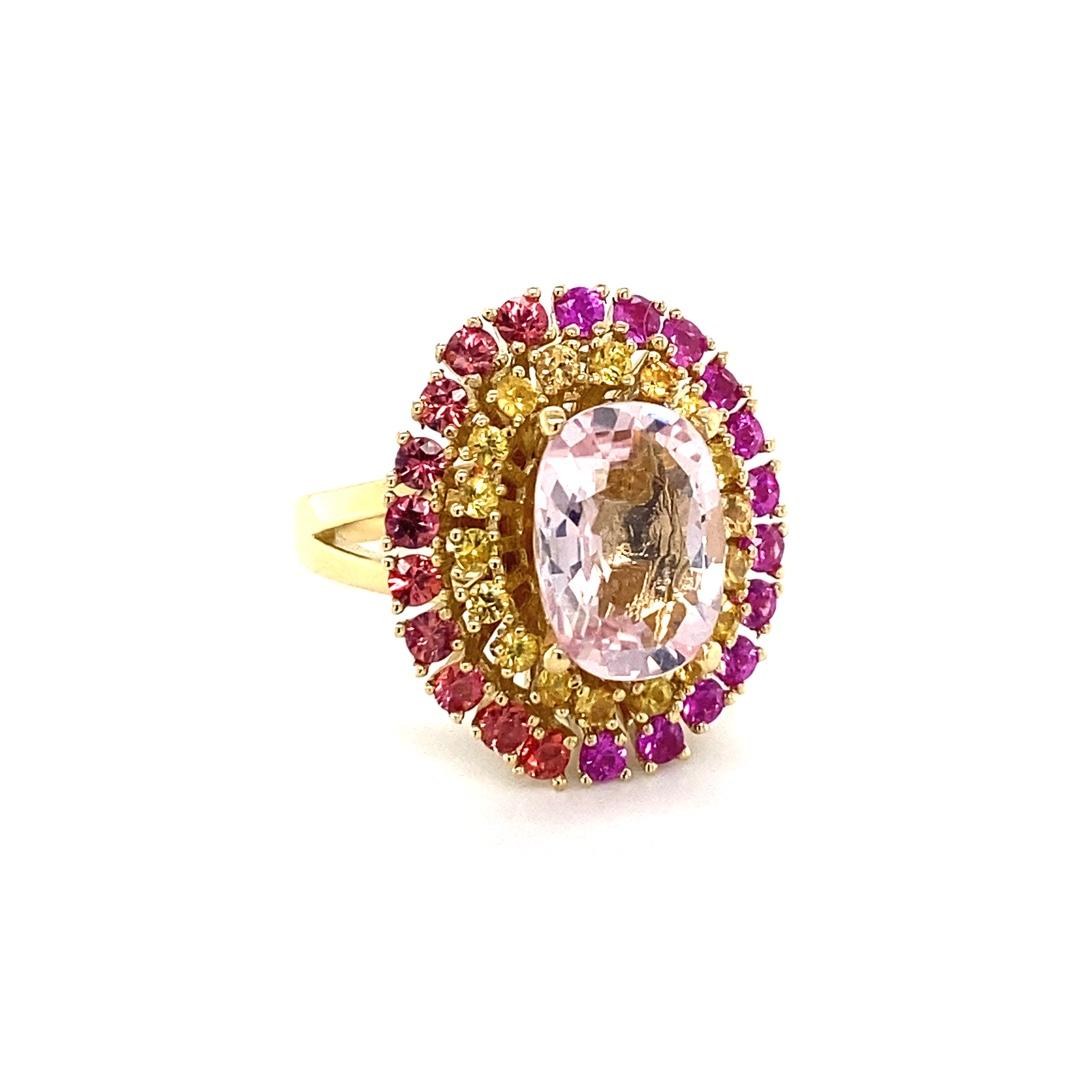Oval Cut 6.32 Carat Natural Pink Morganite Sapphire Yellow Gold Cocktail Ring For Sale