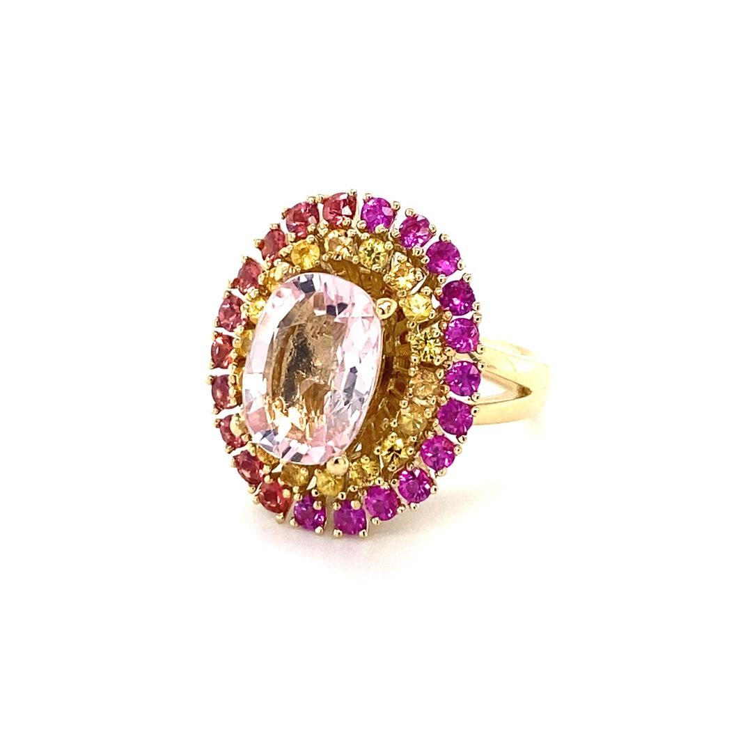 6.32 Carat Natural Pink Morganite Sapphire Yellow Gold Cocktail Ring In New Condition For Sale In Los Angeles, CA