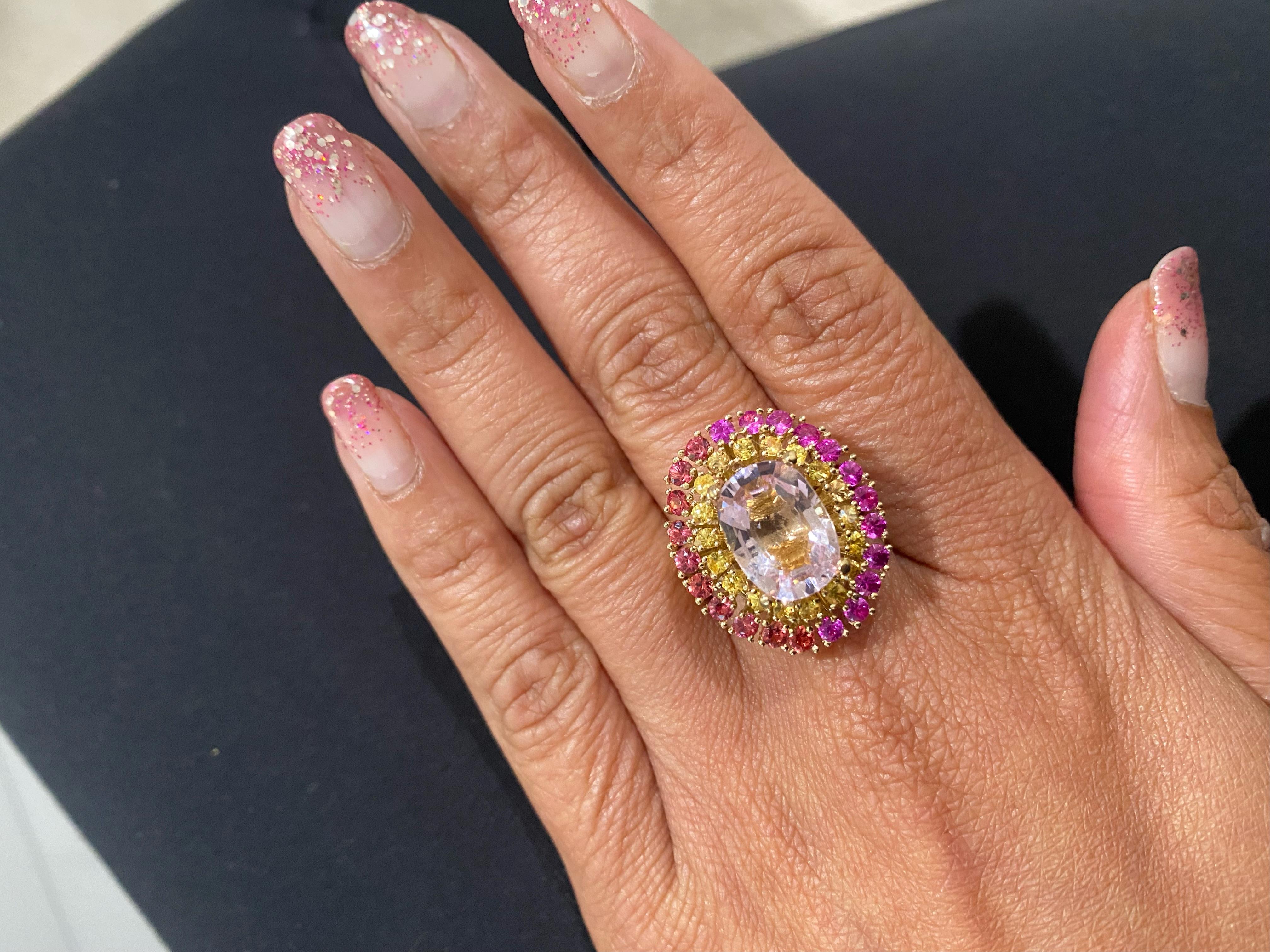 Women's 6.32 Carat Natural Pink Morganite Sapphire Yellow Gold Cocktail Ring For Sale