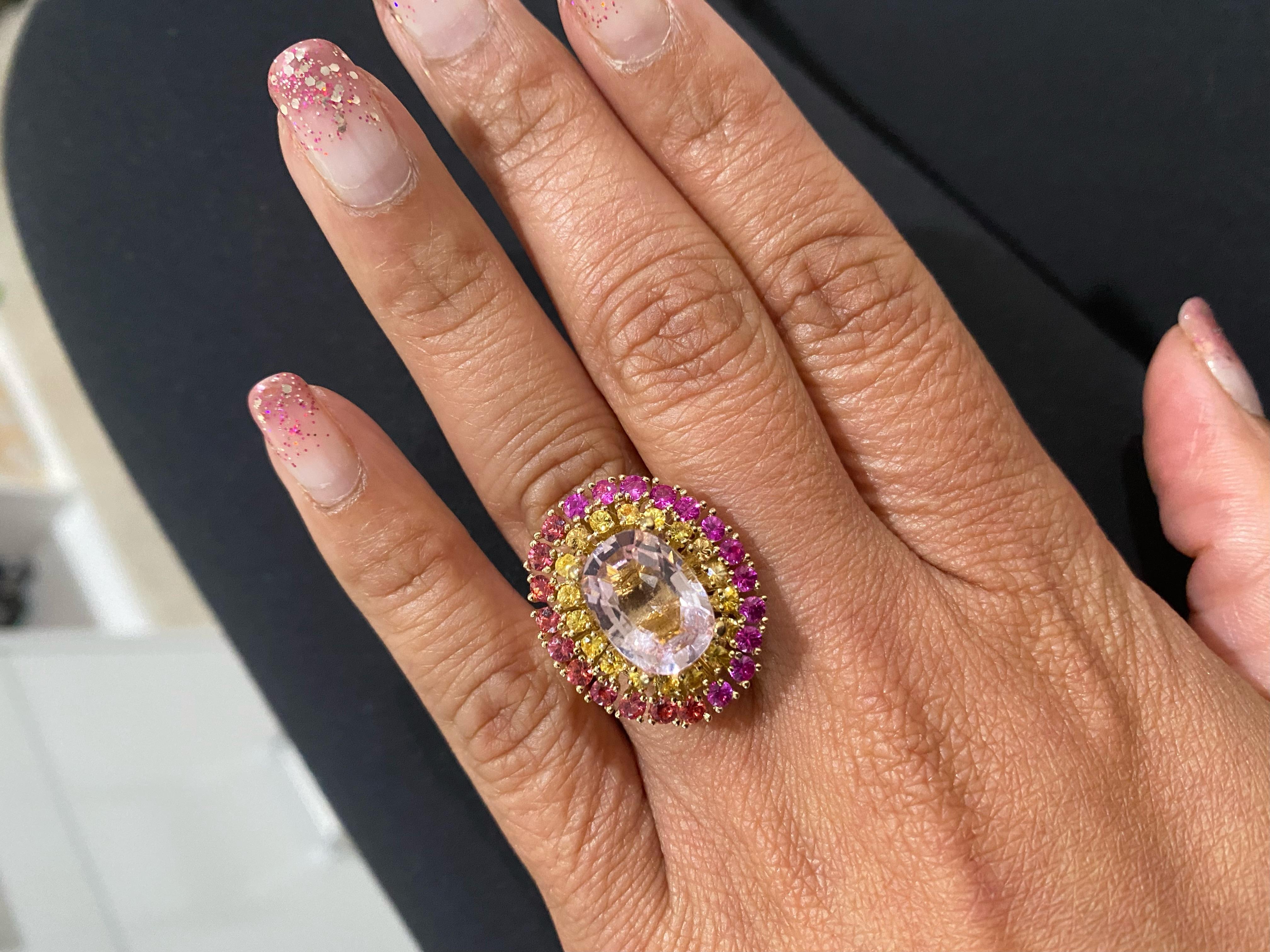 6.32 Carat Natural Pink Morganite Sapphire Yellow Gold Cocktail Ring For Sale 1