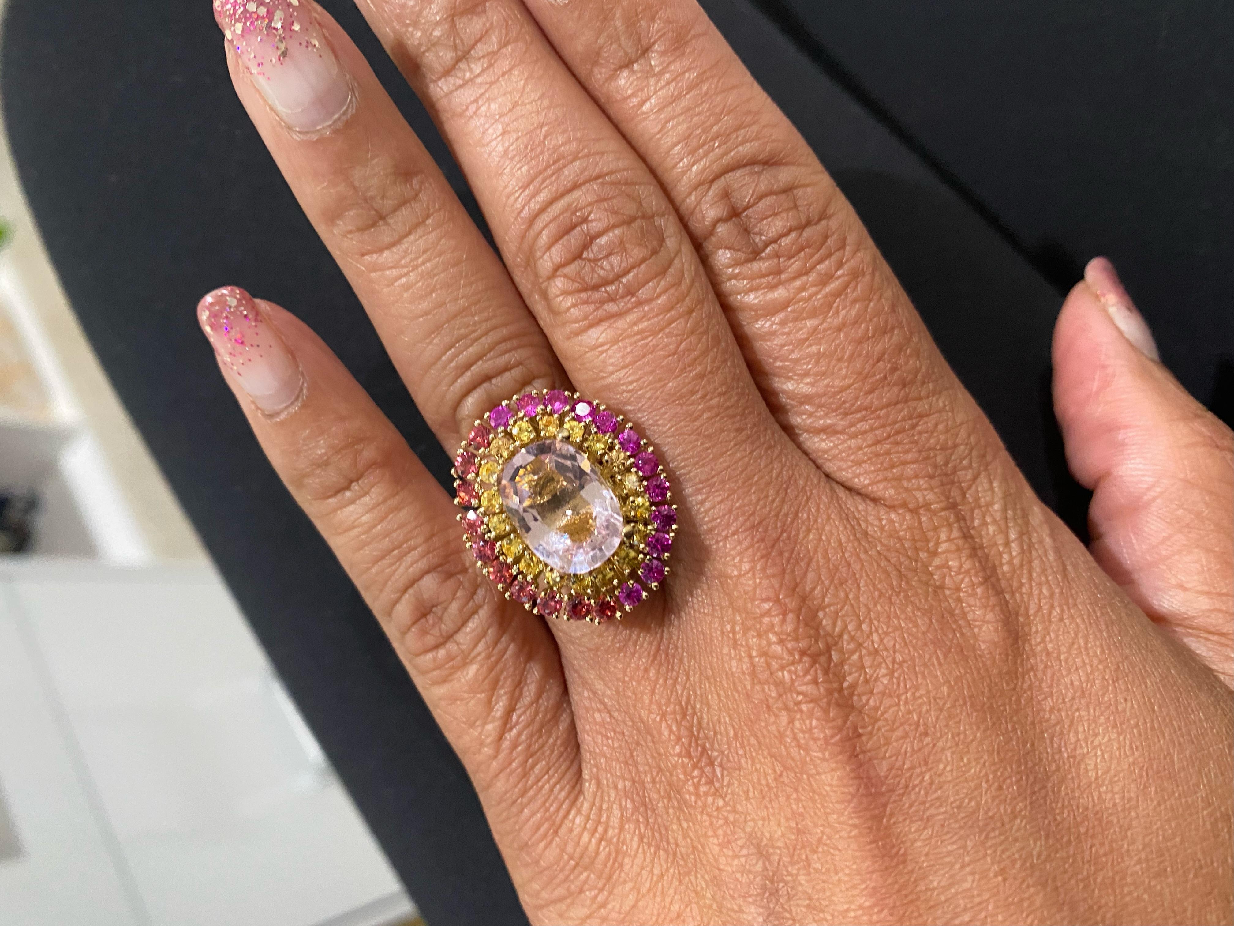 6.32 Carat Natural Pink Morganite Sapphire Yellow Gold Cocktail Ring For Sale 2