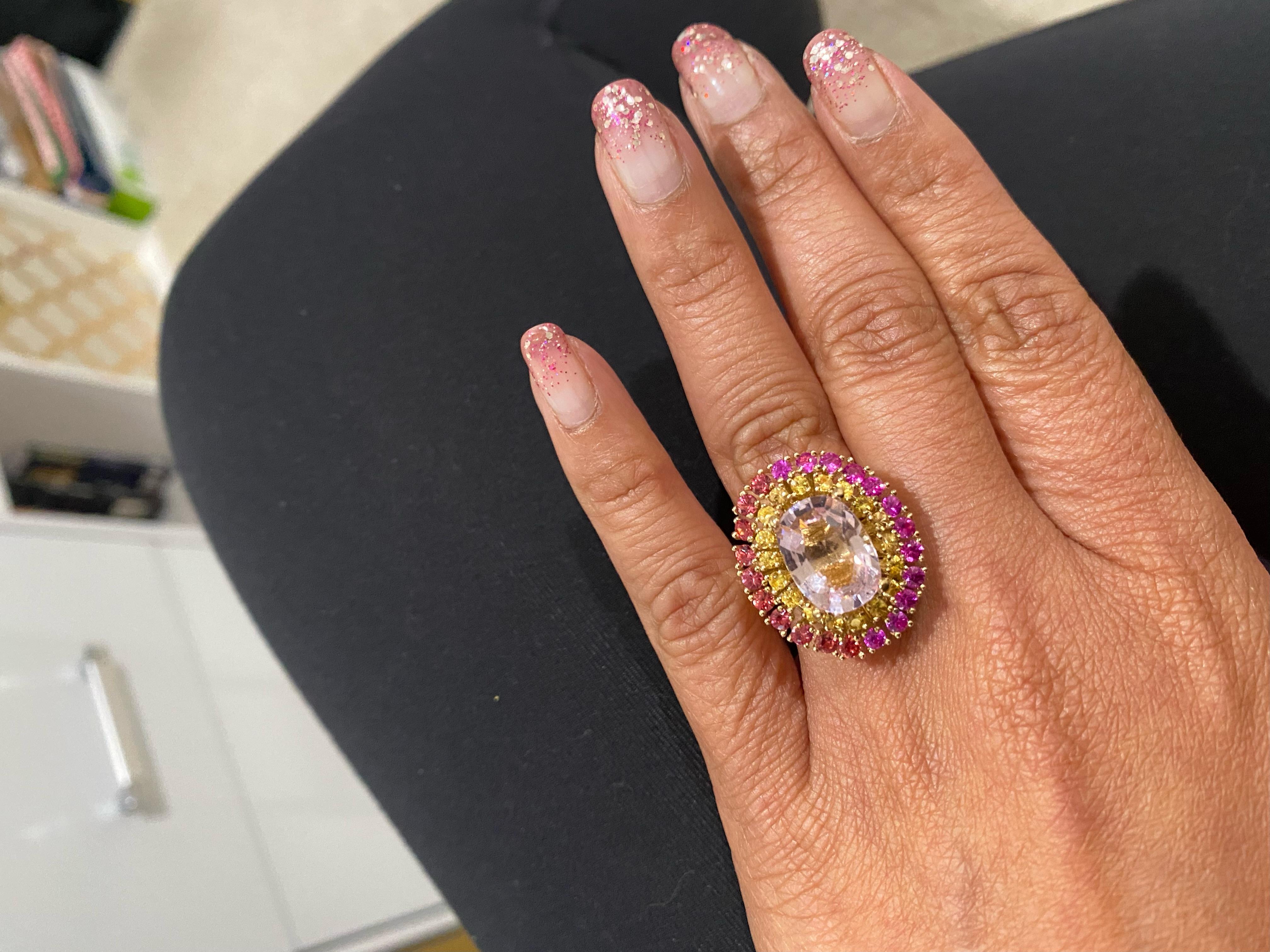 6.32 Carat Natural Pink Morganite Sapphire Yellow Gold Cocktail Ring For Sale 3