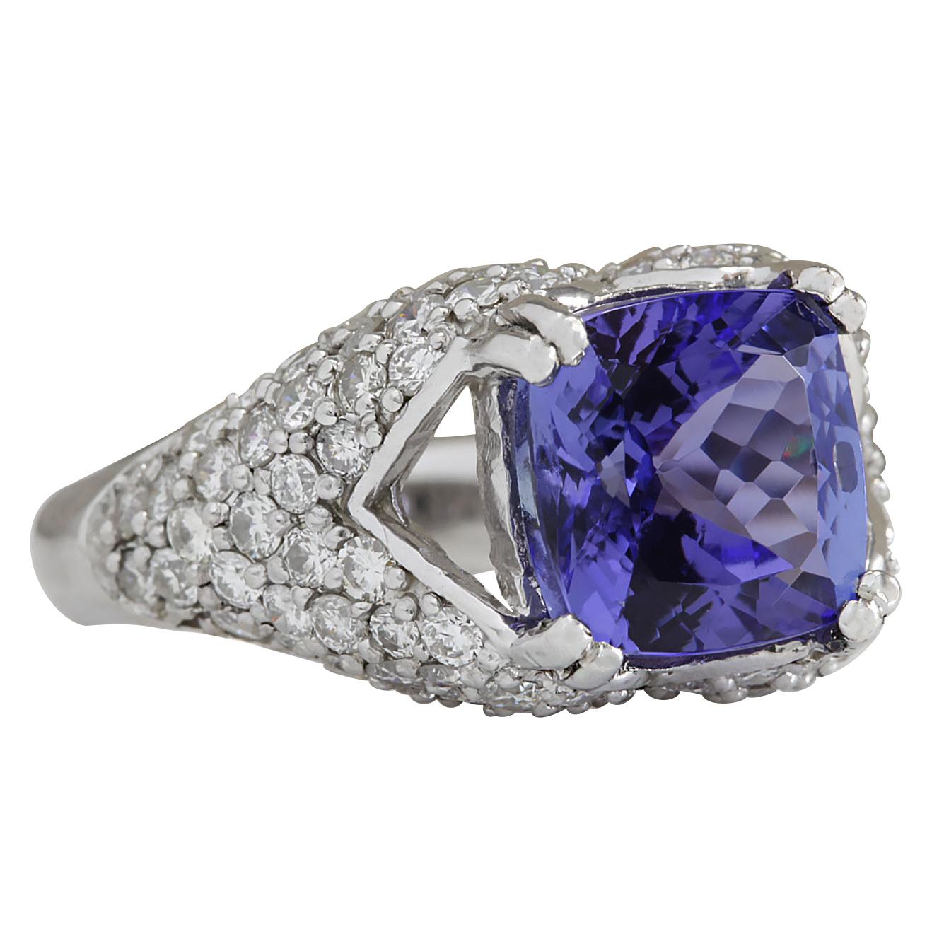 6.32 Carat Tanzanite 14 Karat White Gold Diamond Ring
Stamped: 14K White Gold
Total Ring Weight: 7.0 Grams
Total  Tanzanite Weight is 4.72 Carat (Measures: 9.50x9.50 mm)
Color: Blue
Total  Diamond Weight is 1.60 Carat
Color: F-G, Clarity:
