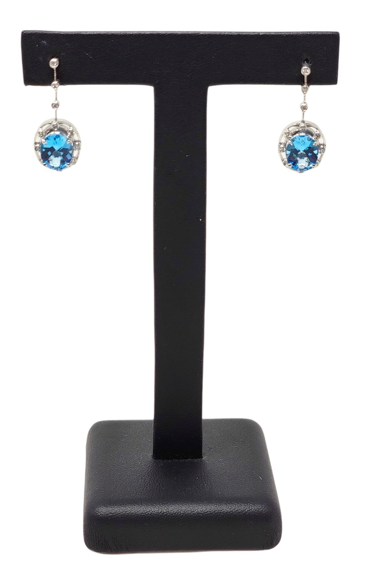 6.32 Carat Total Oval Cut Blue Topaz and Diamond Drop White Gold Dangle Earrings For Sale 5