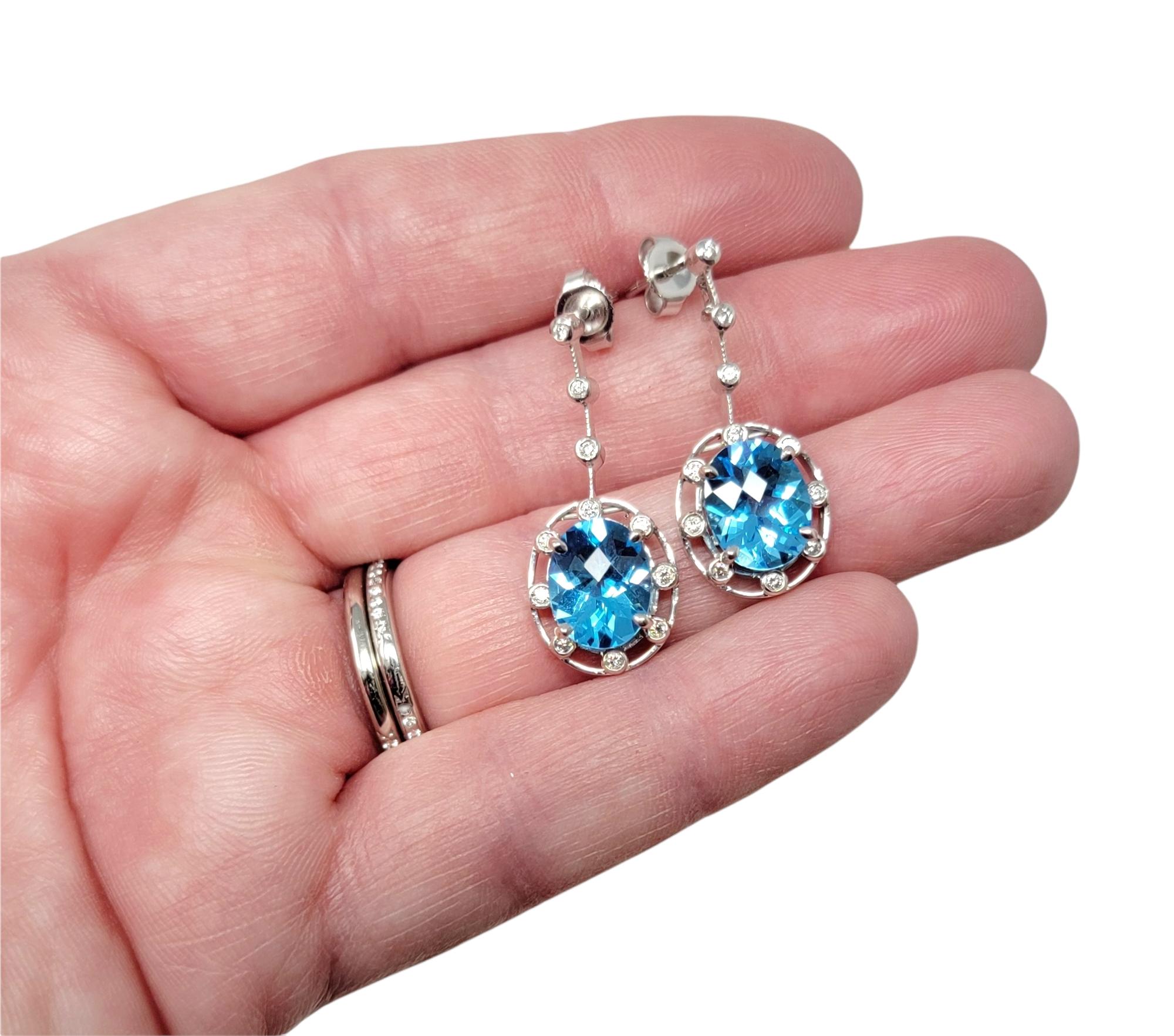 6.32 Carat Total Oval Cut Blue Topaz and Diamond Drop White Gold Dangle Earrings For Sale 6