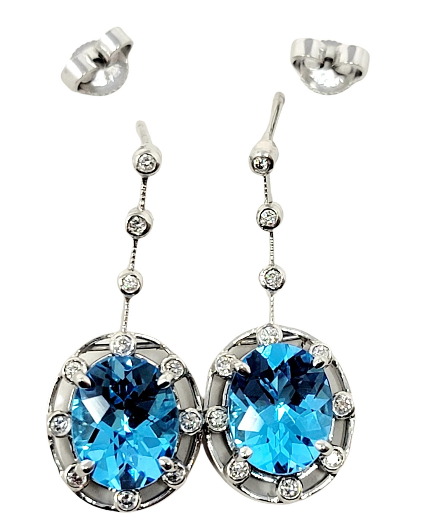 6.32 Carat Total Oval Cut Blue Topaz and Diamond Drop White Gold Dangle Earrings In Good Condition For Sale In Scottsdale, AZ