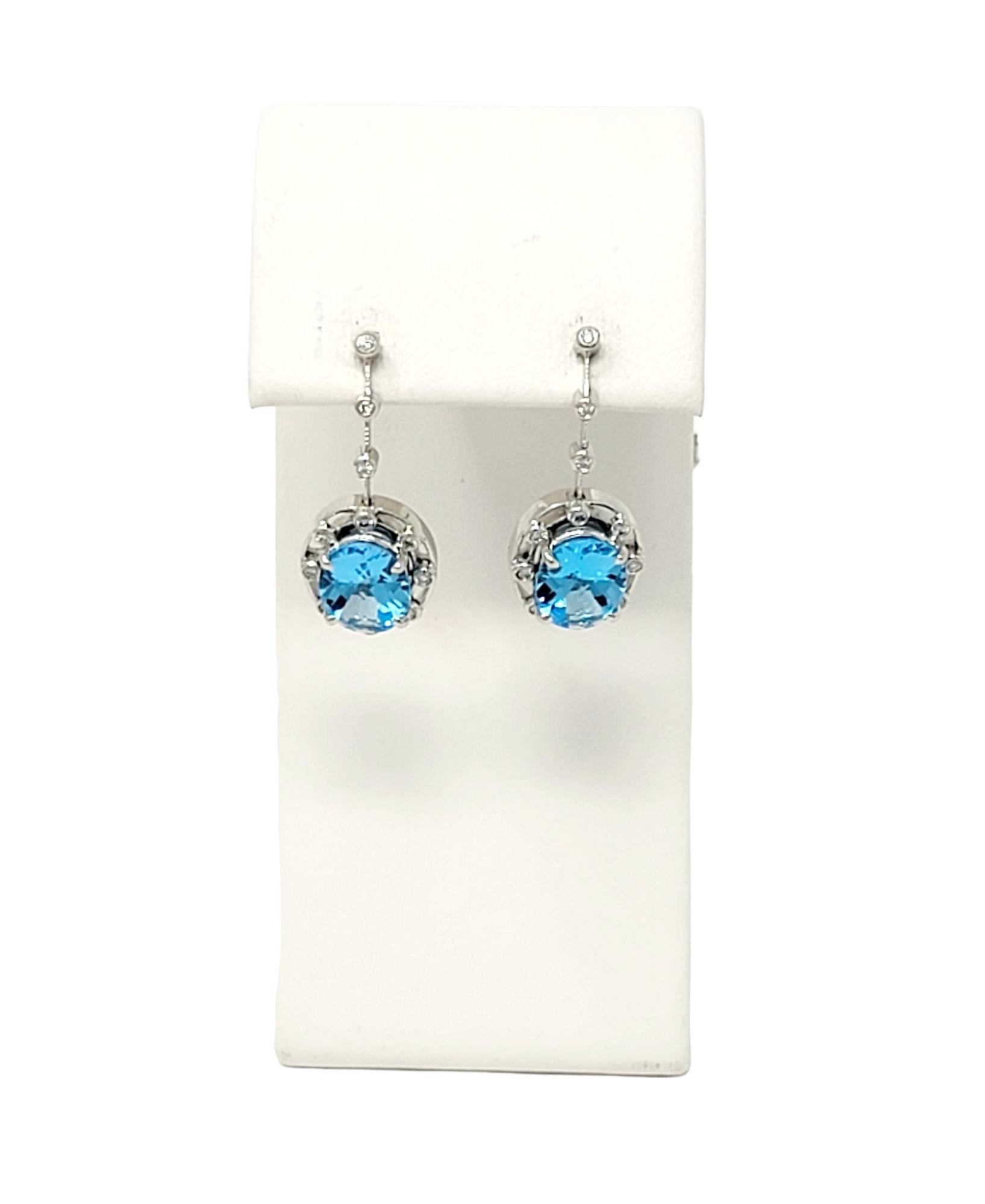 6.32 Carat Total Oval Cut Blue Topaz and Diamond Drop White Gold Dangle Earrings For Sale 2