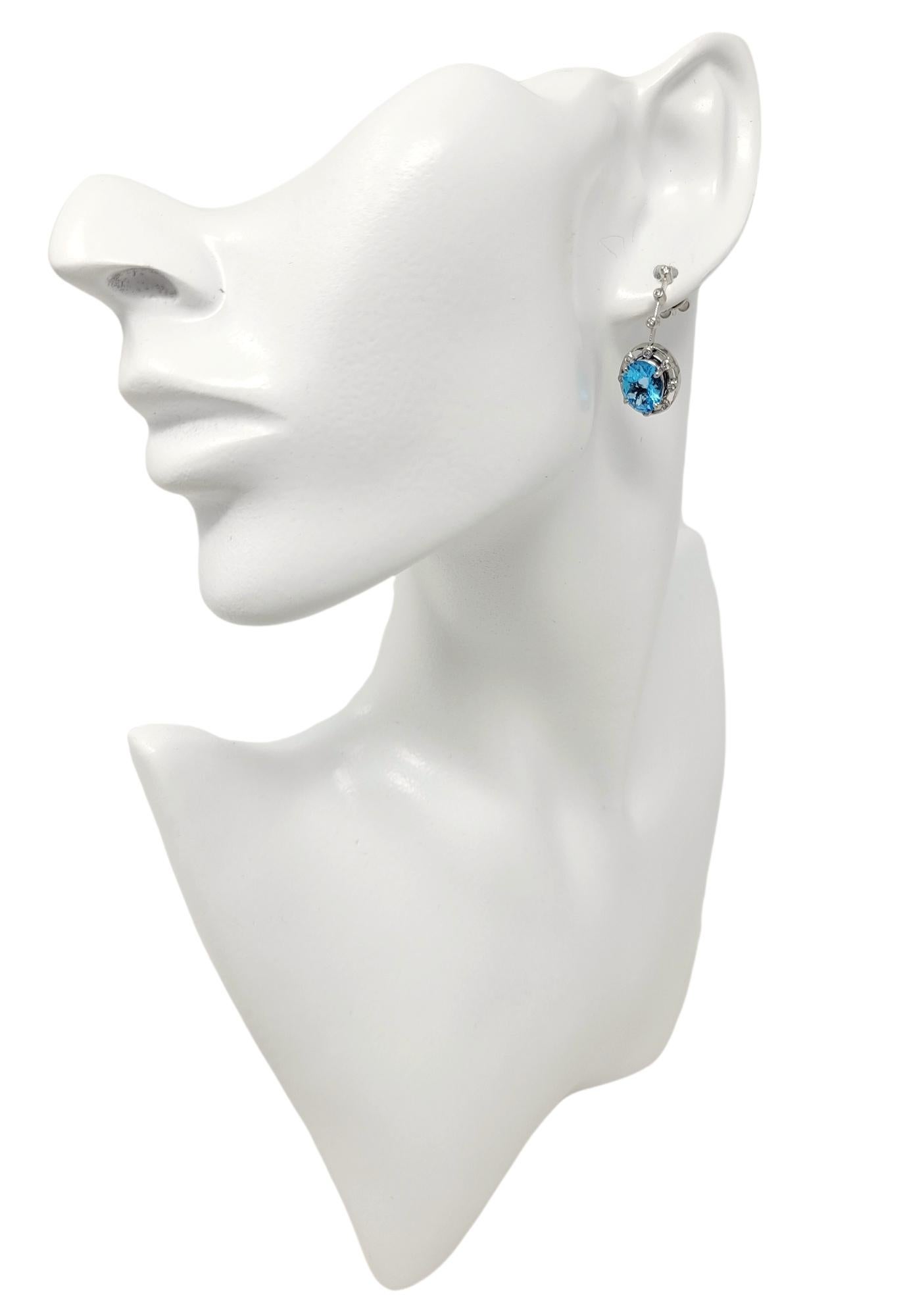 6.32 Carat Total Oval Cut Blue Topaz and Diamond Drop White Gold Dangle Earrings For Sale 3