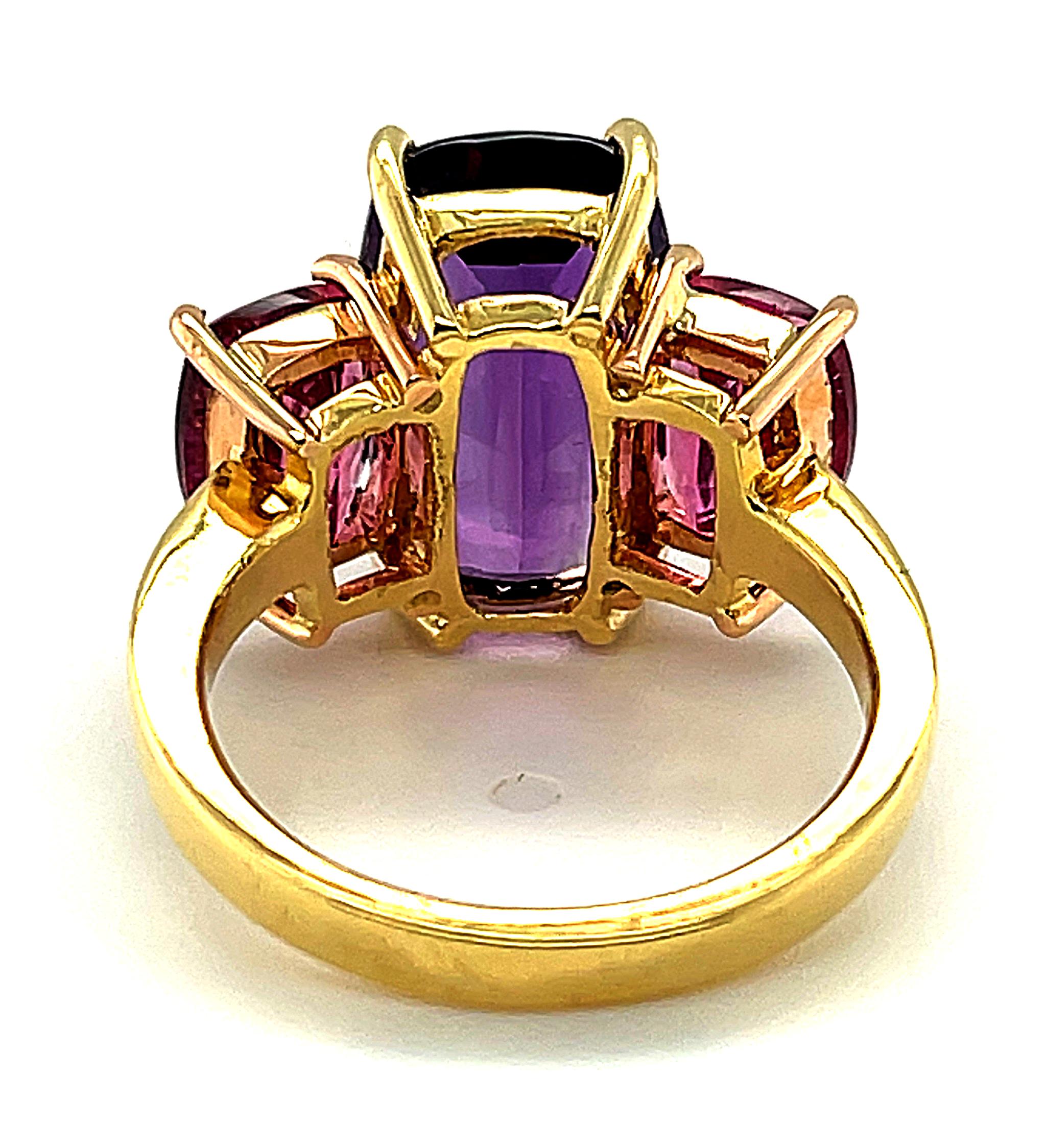 Artisan 6.32 ct. Amethyst and Pink Tourmaline Three-Stone Ring in Rose and White Gold For Sale
