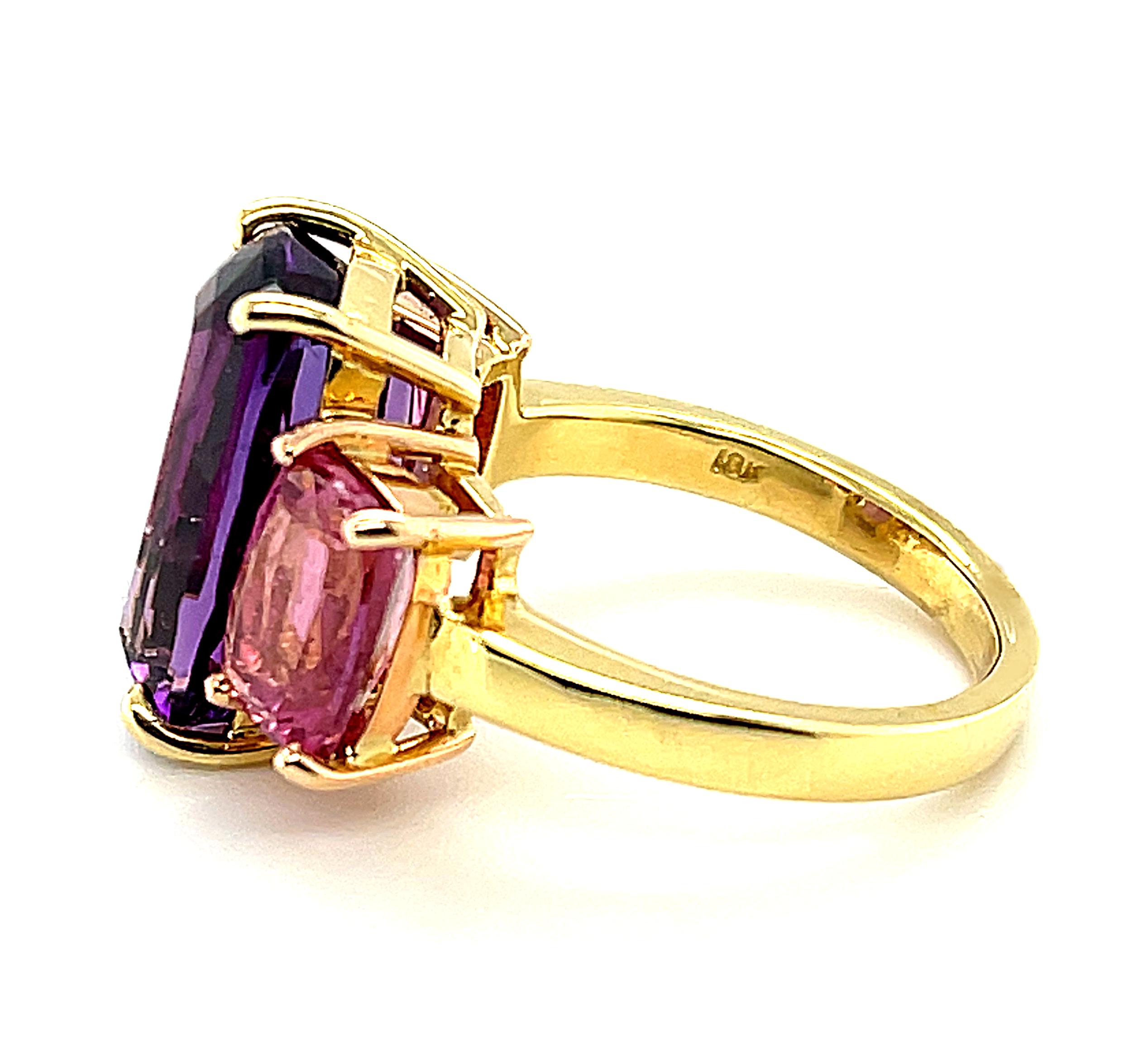 Cushion Cut 6.32 ct. Amethyst and Pink Tourmaline Three-Stone Ring in Rose and White Gold For Sale
