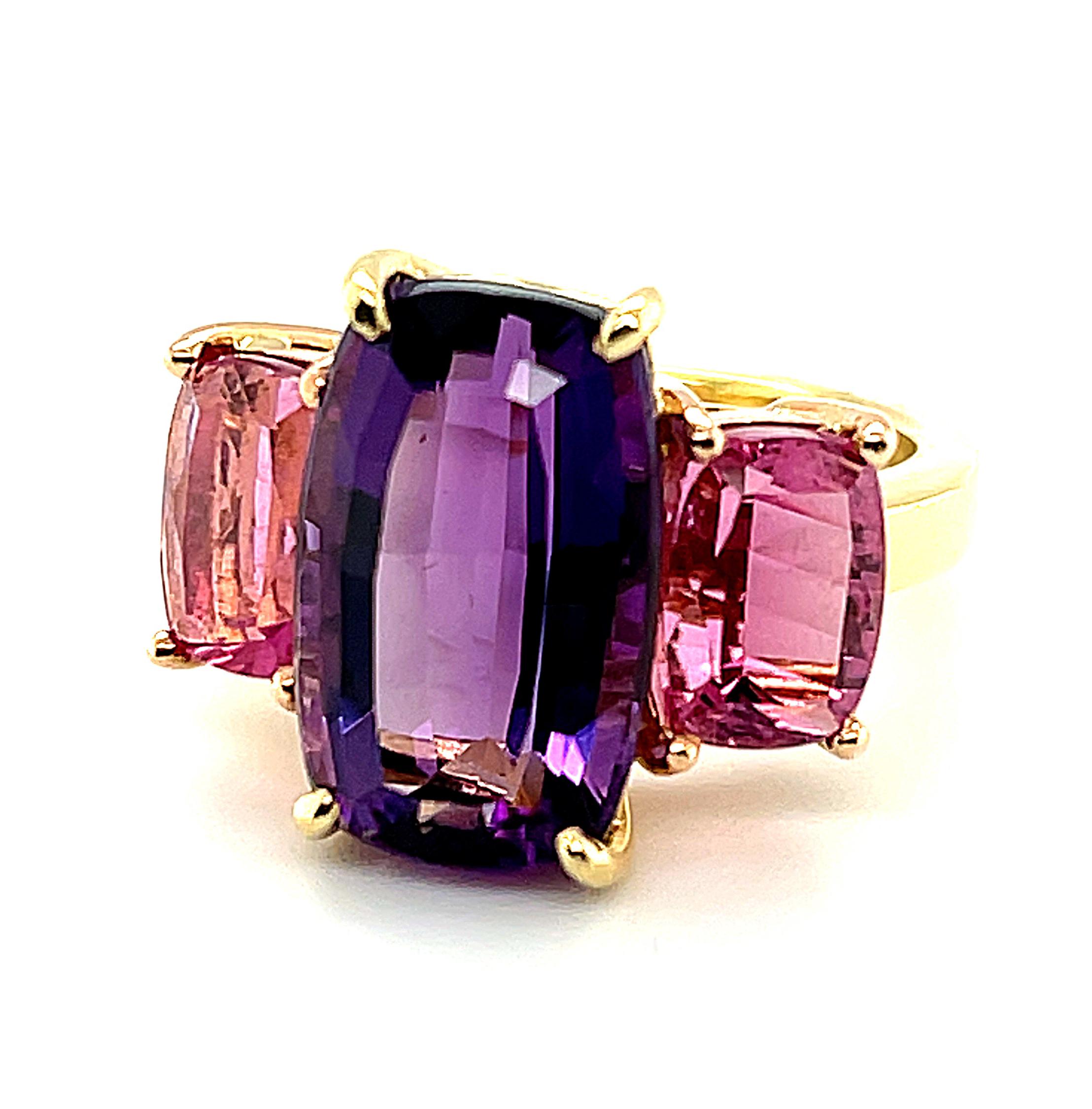 6.32 ct. Amethyst and Pink Tourmaline Three-Stone Ring in Rose and White Gold In New Condition For Sale In Los Angeles, CA