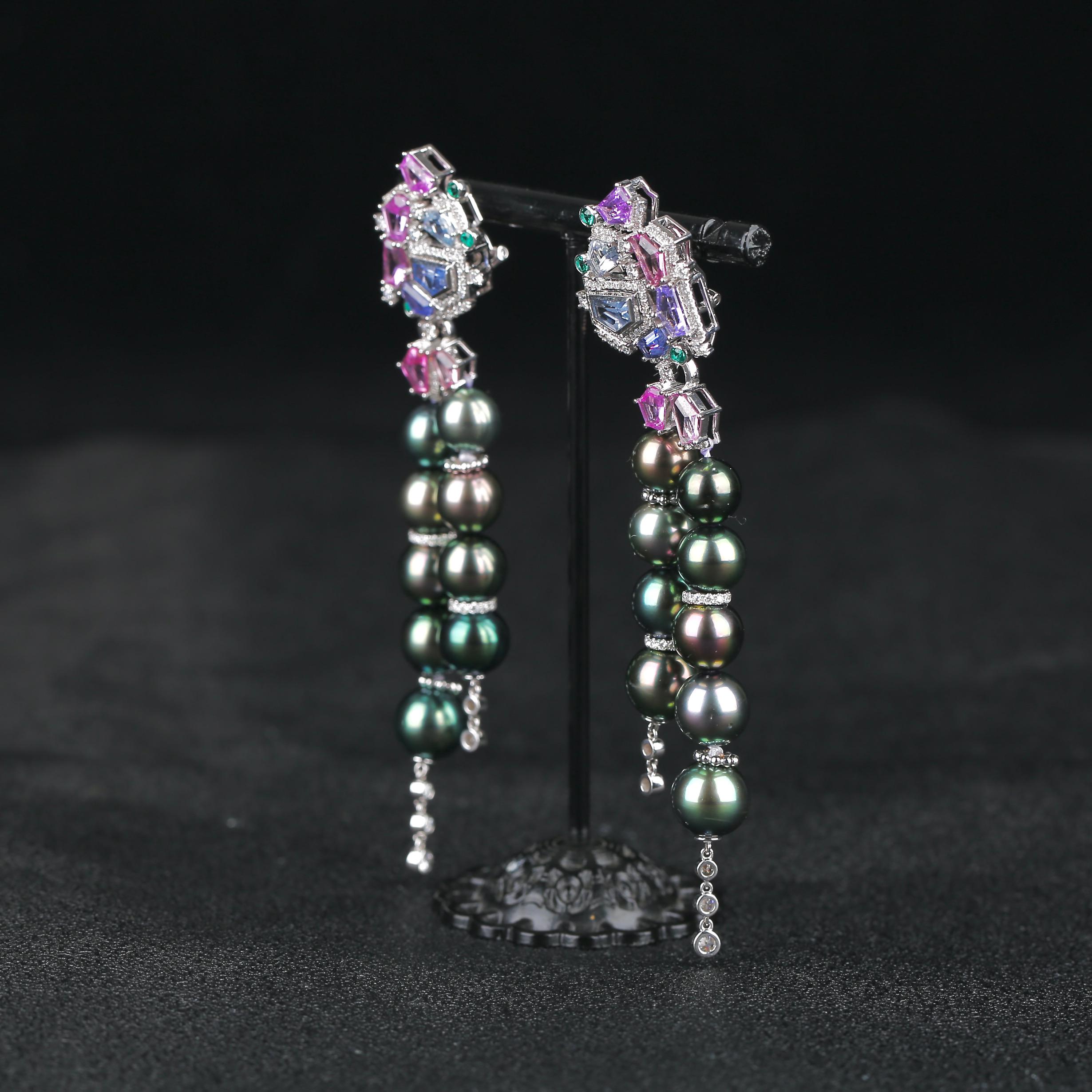 Brilliant Cut Eostre Sapphire, Tahitian Pearl and Diamond Detachable Earring in 18K White Gold For Sale