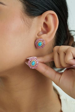 6.32ct Cabochon Turquoise Pink Sapphire & Diamond Floral Stud Earrings 14K Gold