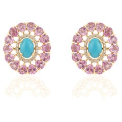 6.32ct Cabochon Turquoise Pink Sapphire & Diamond Floral Stud Earrings 14K Gold