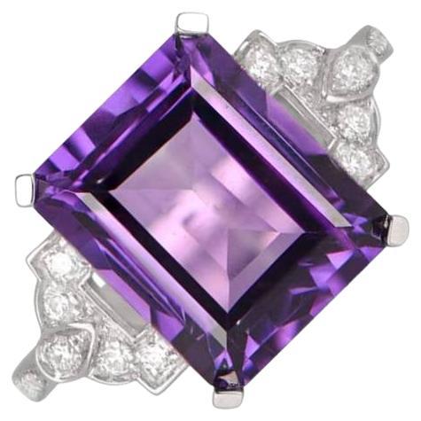 6.32ct Emerald Cut Natural Amethyst Cocktail Ring, 18k White Gold