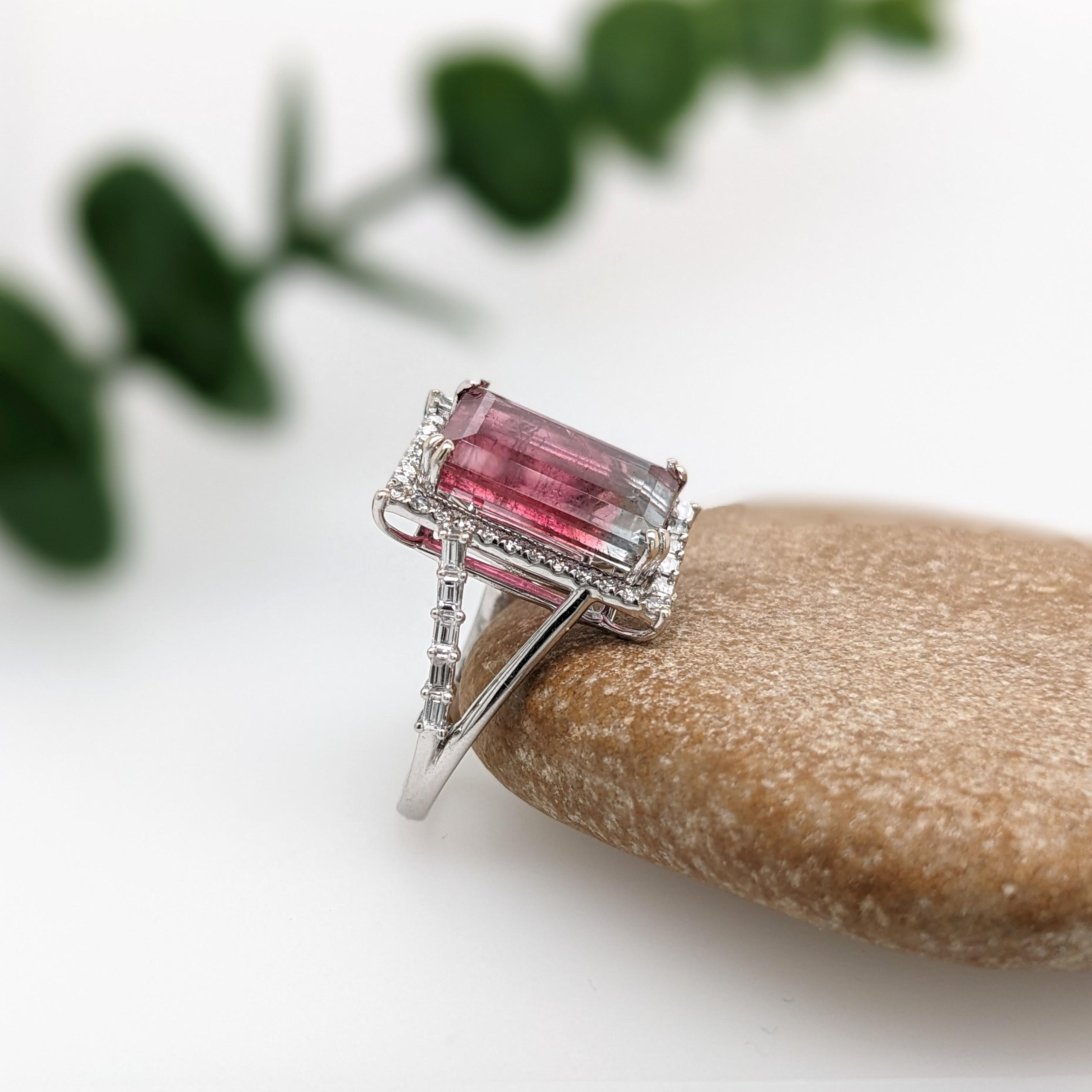 Women's 6.32ct Tourmaline Ring w Diamond Halo in Solid 14k White Gold Emerald Cut 13x9mm