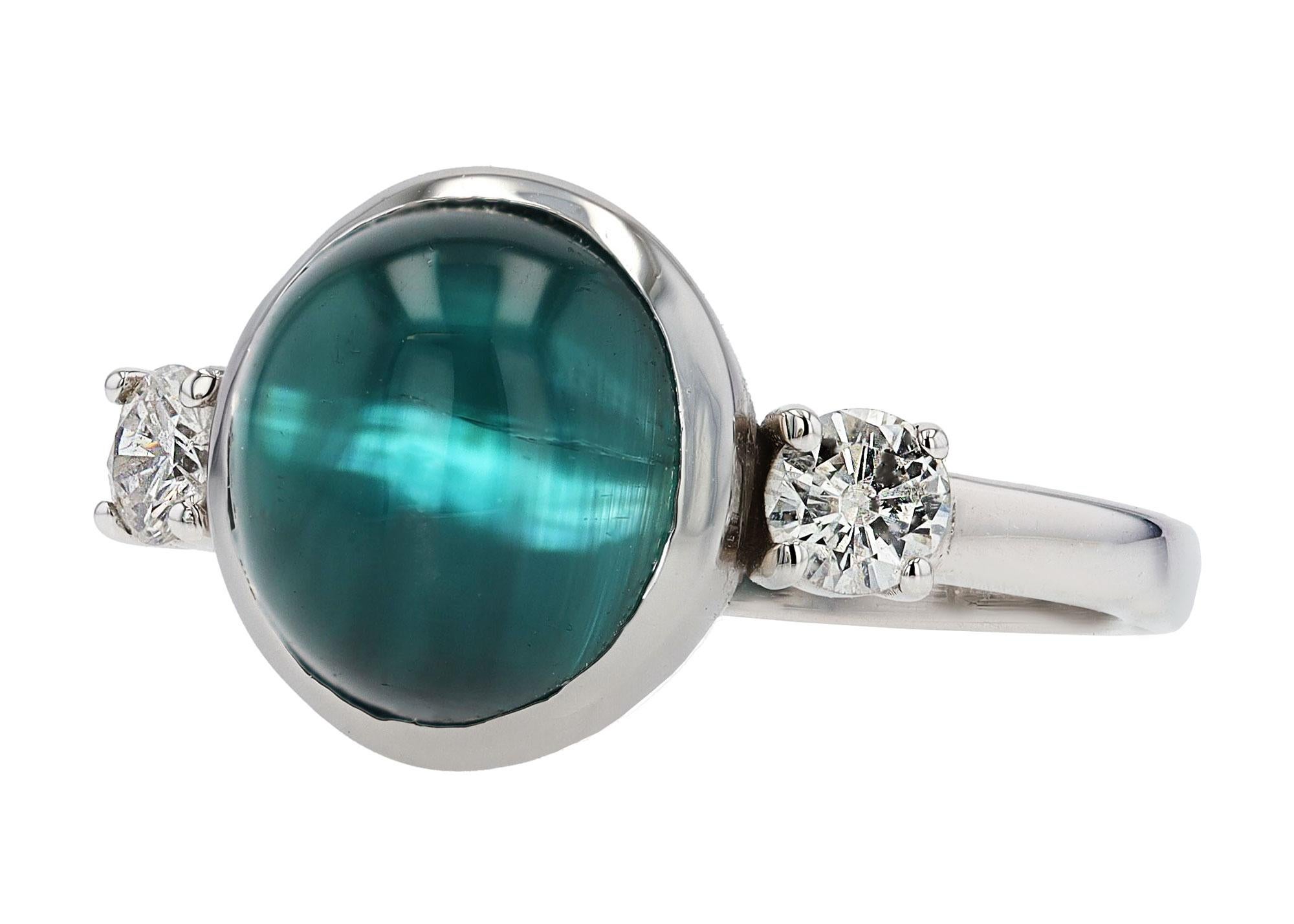 Anillo de 3 piedras con turmalina indicolita ojo de gato y diamantes de 6,33 quilates Artesano